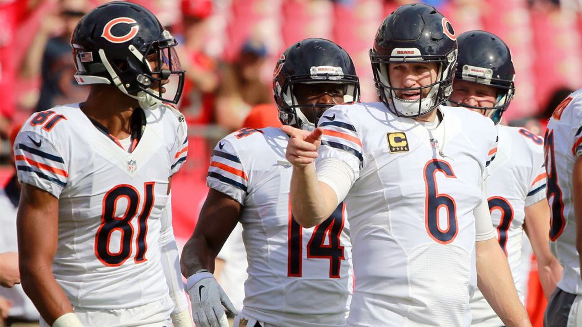 Dec 27, 2015; Tampa, FL, USA;Chicago Bears quarterback Jay Cutler (6) points works out prior to the game against the Tampa Bay Buccaneers at Raymond James Stadium. Mandatory Credit: Kim Klement-USA TODAY Sports