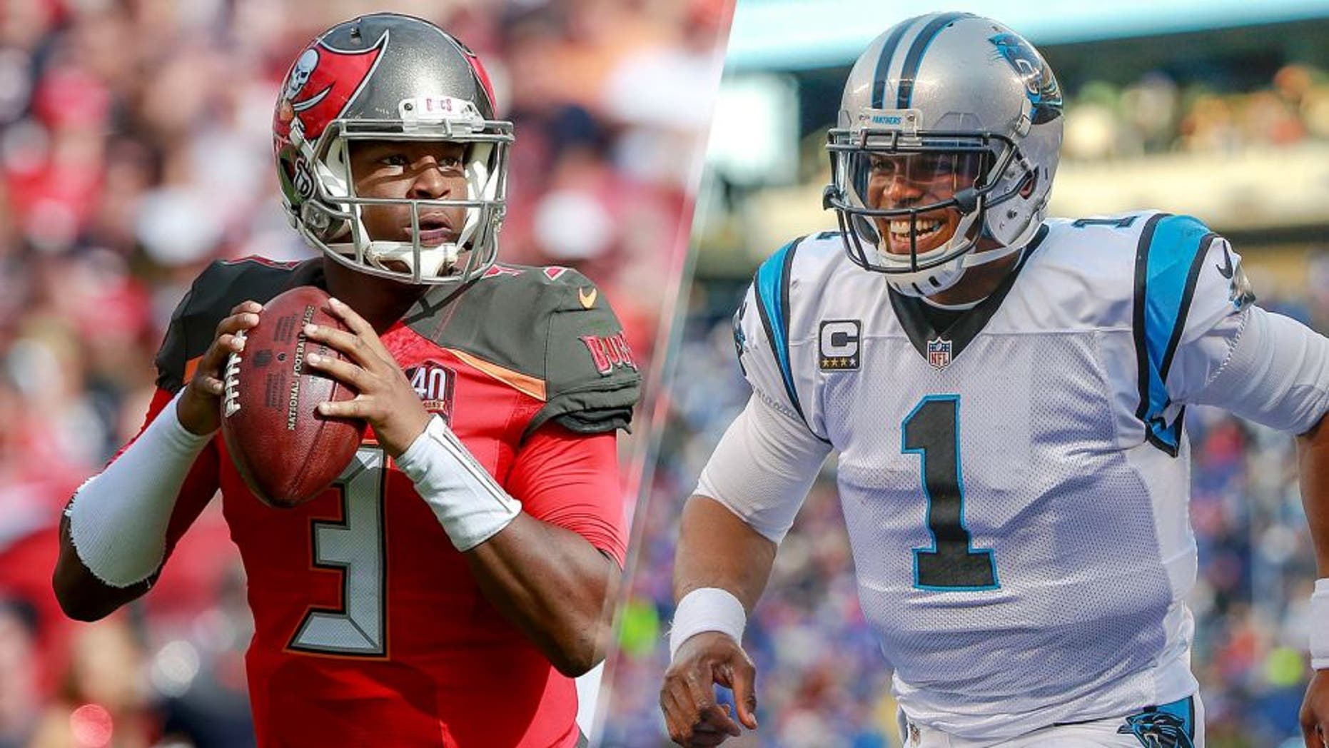 Dec 27, 2015; Tampa, FL, USA; Tampa Bay Buccaneers quarterback Jameis Winston (3) drops back against the Chicago Bears during the first half at Raymond James Stadium. Mandatory Credit: Kim Klement-USA TODAY Sports Dec 20, 2015; East Rutherford, NJ, USA; Carolina Panthers quarterback Cam Newton (1) is all smiles after third quarter touchdown against the New York Giants at MetLife Stadium. Carolina Panthers defeat the New York Giants 38-35. Mandatory Credit: Jim O'Connor-USA TODAY Sports