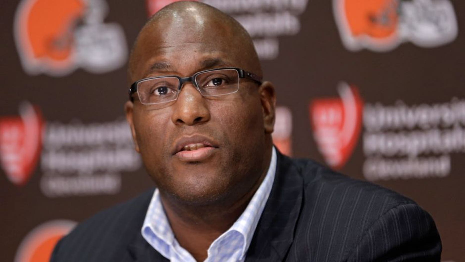 Cleveland Browns general manager Ray Farmer answers questions about the Browns' season during an NFL football news conference, Tuesday, Dec. 30, 2014, in Berea, Ohio. (AP Photo/Tony Dejak)
