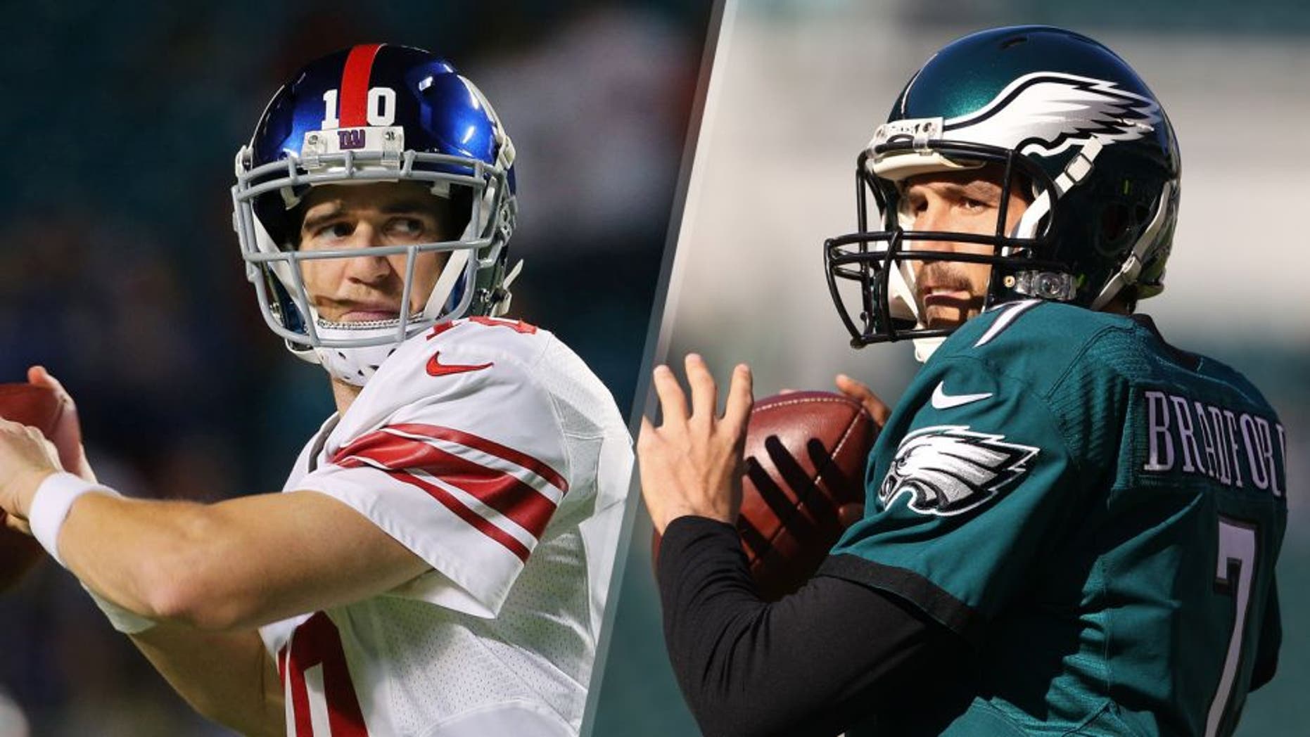 Eli Manning #10 of the New York Giants warms up before the game against the Miami Dolphins at Sun Life Stadium on December 14, 2015 in Miami Gardens, Florida. (Photo by Mike Ehrmann/Getty Images) Quarterback Sam Bradford #7 of the Philadelphia Eagles warms up before the start of a football game against the Miami Dolphins at Lincoln Financial Field on November 15, 2015 in Philadelphia, Pennsylvania. (Photo by Rich Schultz /Getty Images)