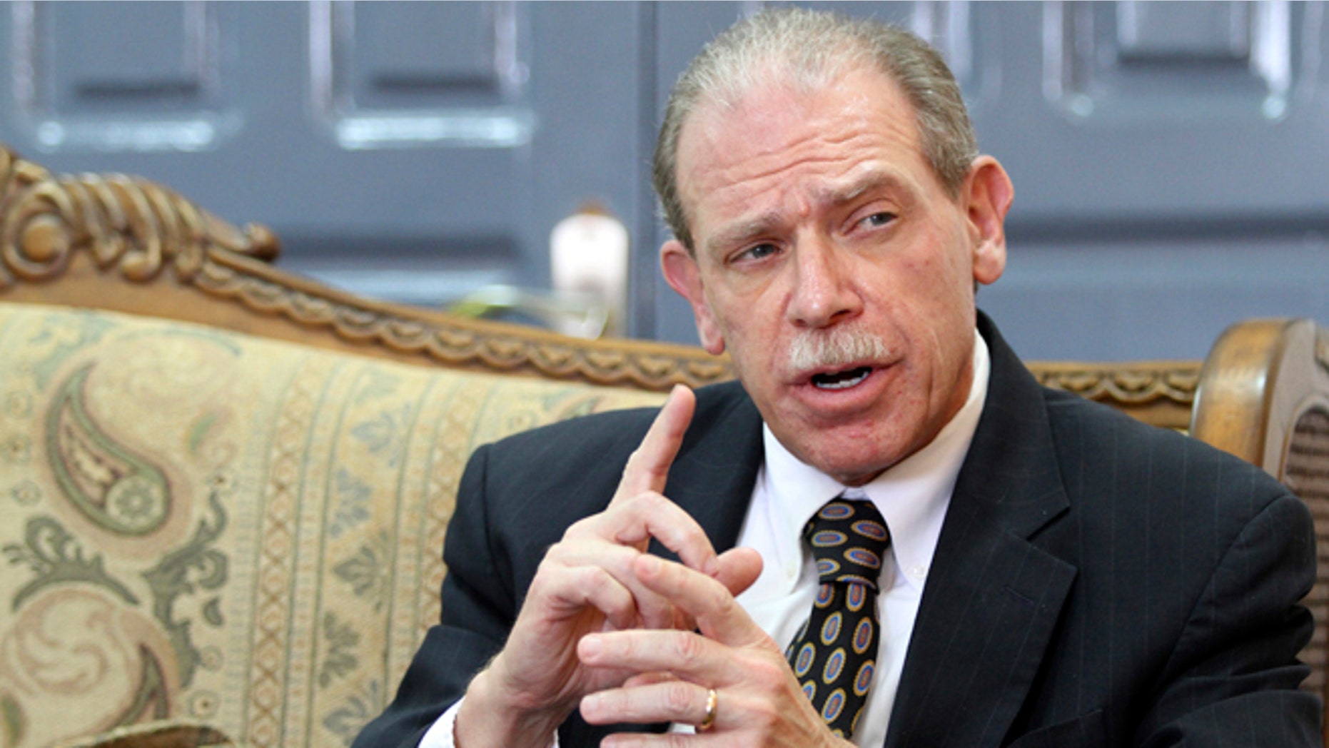 U.S. Ambassador in Sanaa Gerald Feierstein speaks during his meeting with Yemen's Minister of Planning and International Cooperation Mohammed Saeed al-Saidi in Sanaa May 2, 2012.