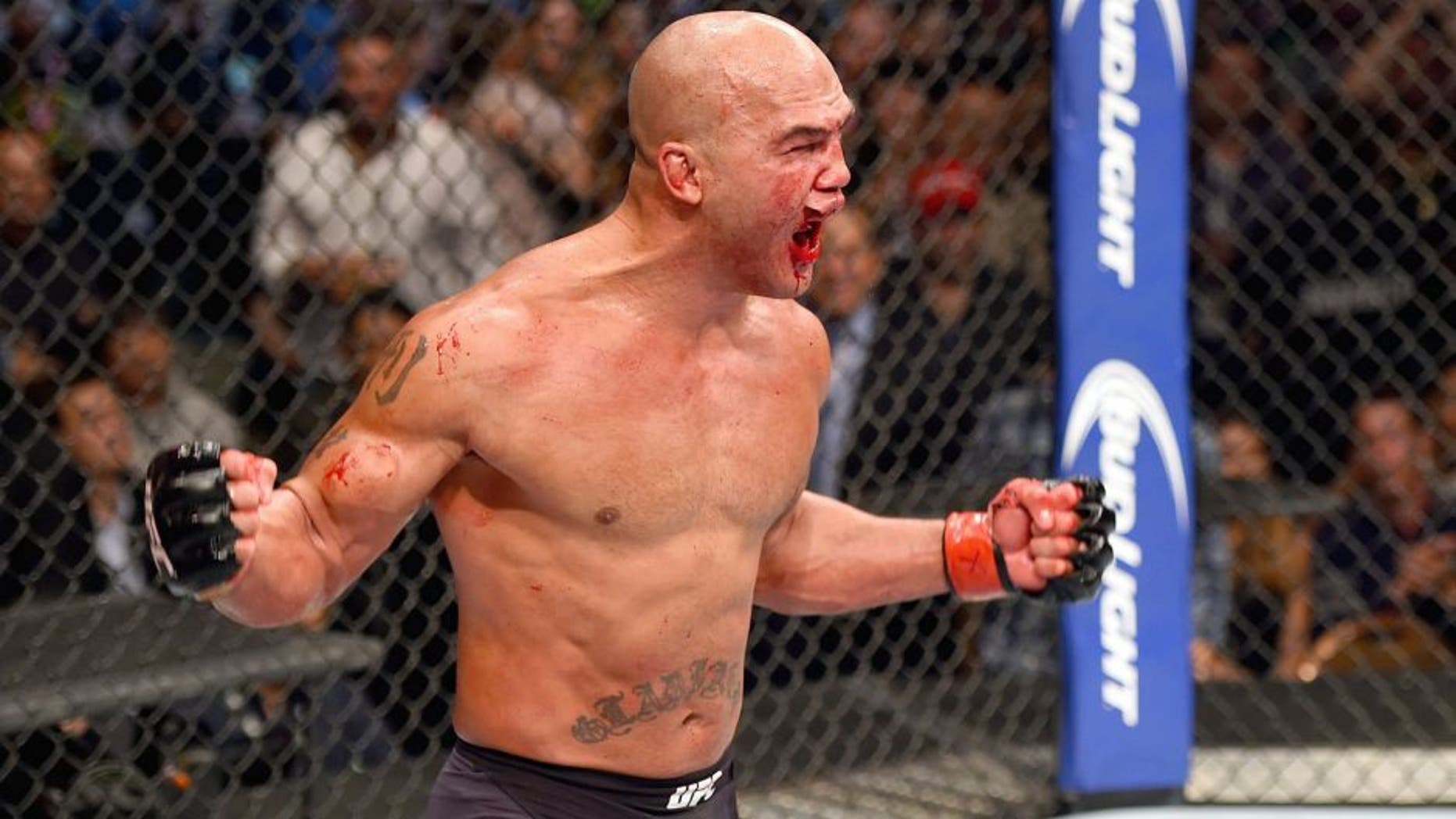 LAS VEGAS, NV - JULY 11: Robbie Lawler reacts to his victory over Rory MacDonald in their UFC welterweight title fight during the UFC 189 event inside MGM Grand Garden Arena on July 11, 2015 in Las Vegas, Nevada. (Photo by Josh Hedges/Zuffa LLC/Zuffa LLC via Getty Images)