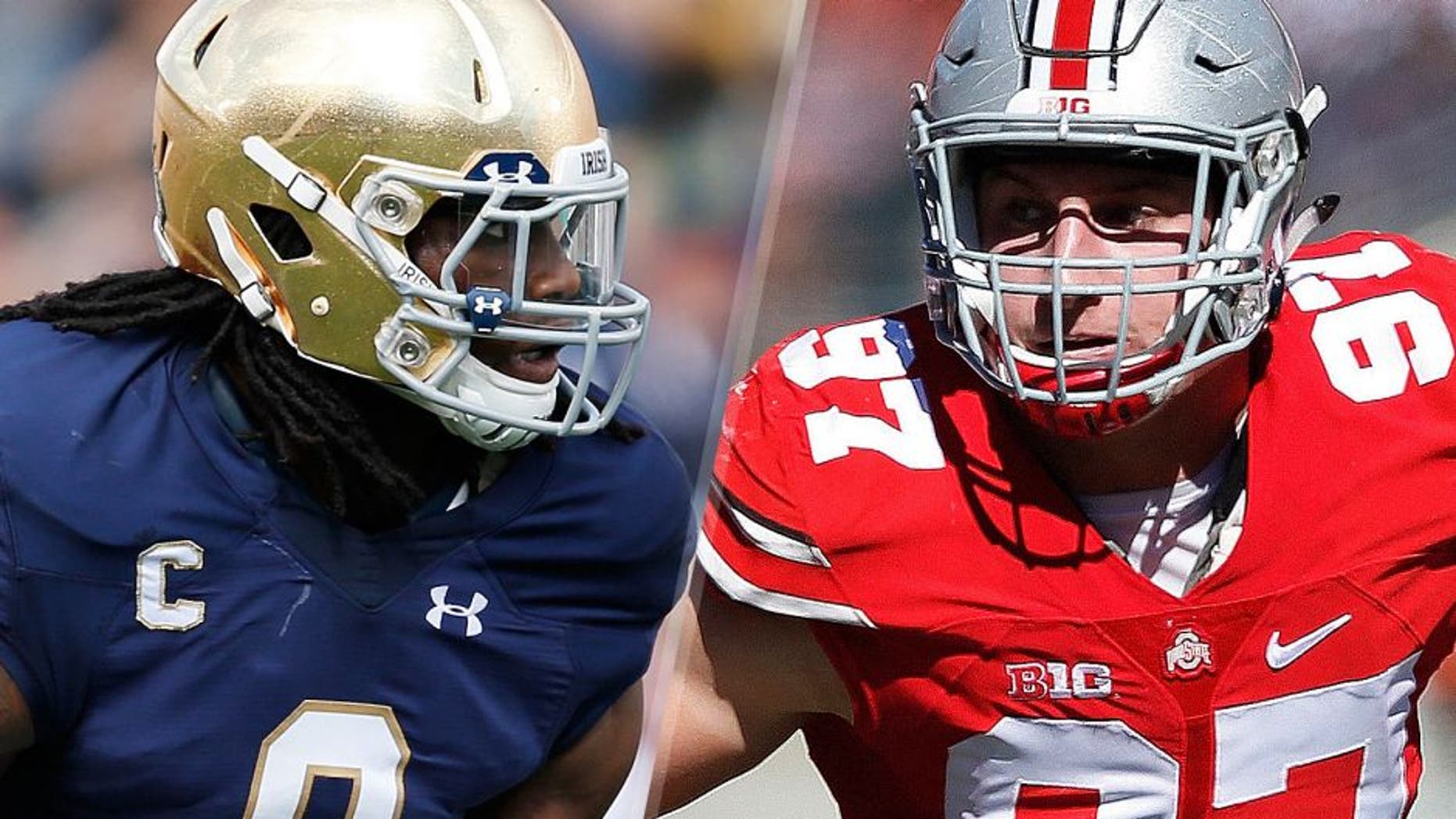 Jaylon Smith #9 of the Notre Dame Fighting Irish in action against the Georgia Tech Yellow Jackets during the game at Notre Dame Stadium on September 19, 2015 in South Bend, Indiana. Notre Dame defeated Georgia Tech 30-22. (Photo by Joe Robbins/Getty Images) Joey Bosa #97 of the Ohio State Buckeyes in action against the Maryland Terrapins during a game at Ohio Stadium on October 10, 2015 in Columbus, Ohio. The Buckeyes defeated the Terrapins 49-28. (Photo by Joe Robbins/Getty Images)