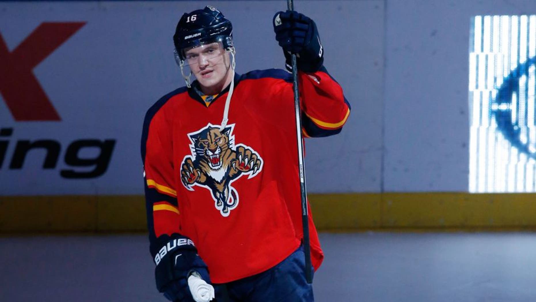 Dec 29, 2015; Sunrise, FL, USA; Florida Panthers center Aleksander Barkov is first star of the game as the Panthers defeated the Montreal Canadiens 3-1 at BB&T Center. The Panthers won 3-1. Mandatory Credit: Robert Mayer-USA TODAY Sports