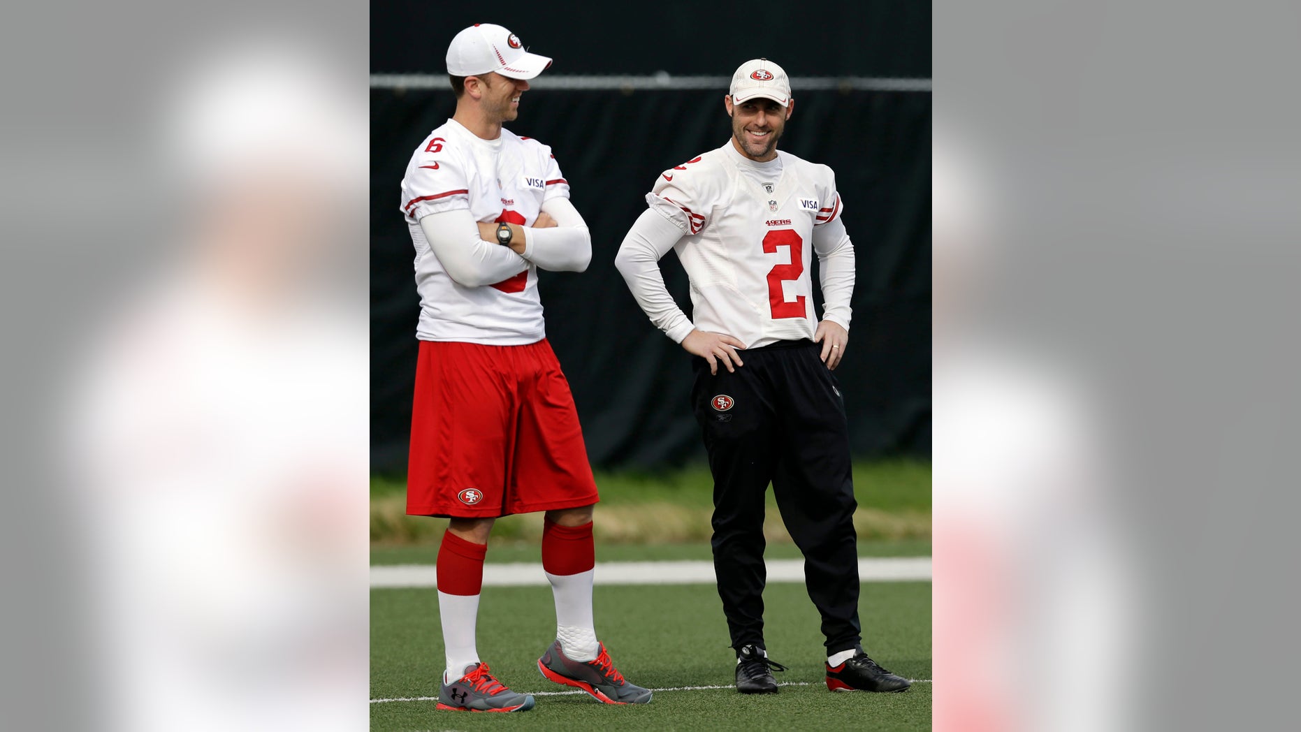 San Francisco 49ers place kickers Billy Cundiff, left, and David Akers (2) chat during NFL football practice in Santa Clara, Calif., Wednesday, Jan. 9, 2013. The 49ers host the Green Bay Packers in an NFC divisional playoff game on Saturday. (AP Photo/Marcio Jose Sanchez)