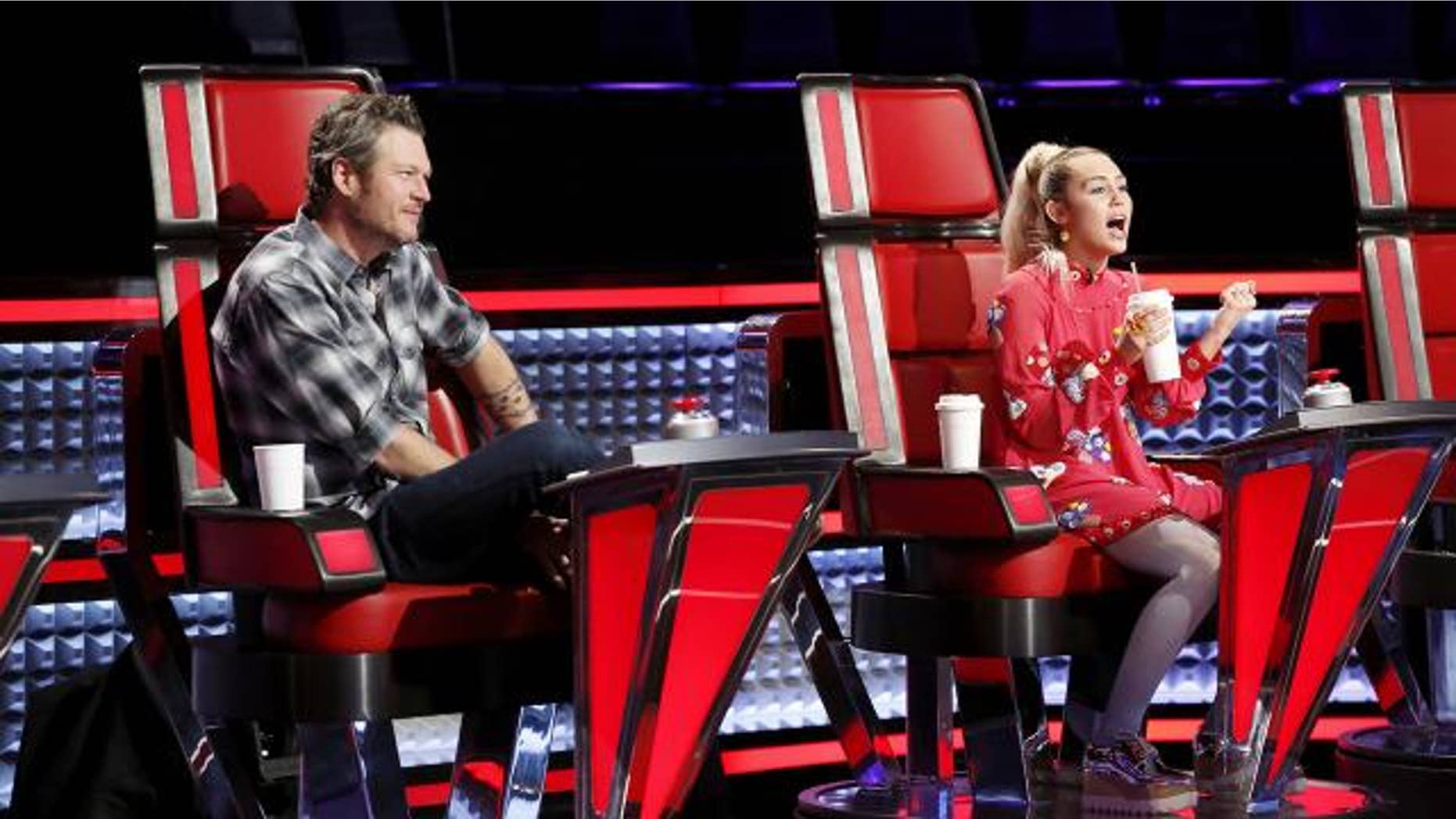 Miley Cyrus on "The Voice" with Blake Shelton.