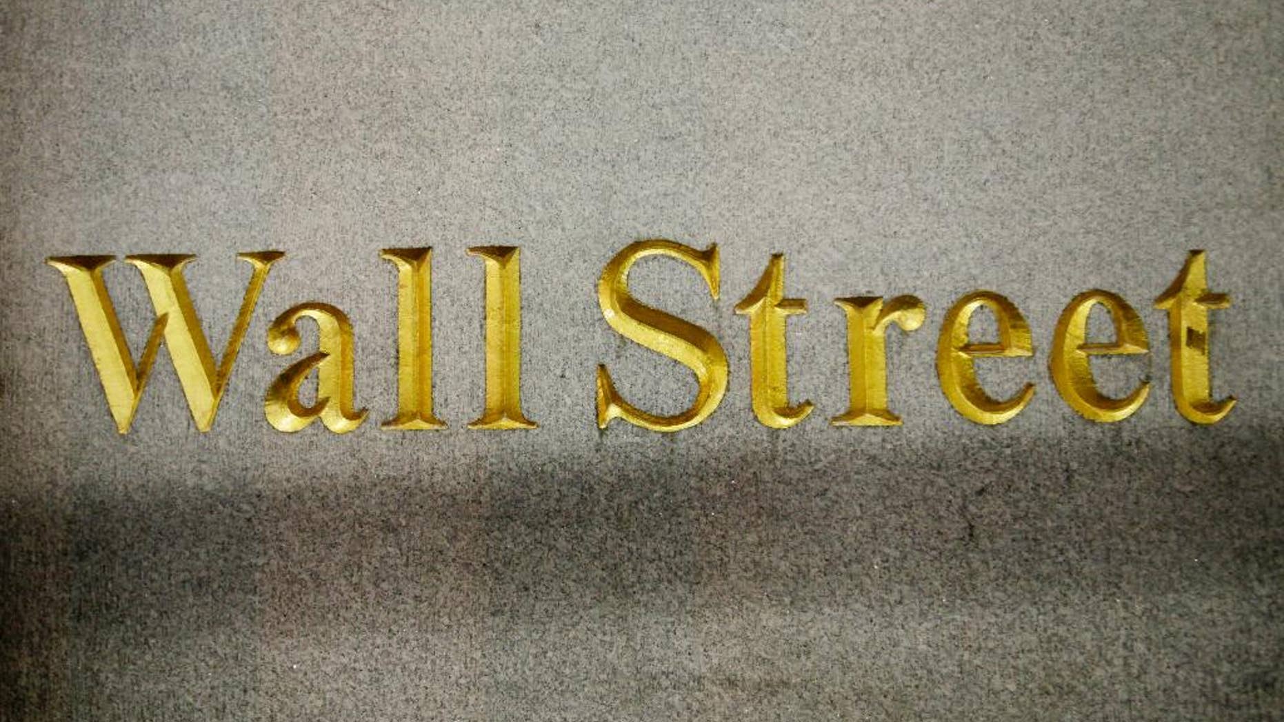 FILE - In this Oct. 8, 2014, file photo, a Wall Street address is carved in the side of a building in New York. European stocks drifted sideways, Tuesday, Feb. 24, 2015, as investors awaited remarks from U.S. Federal Reserve Chair Janet Yellen to glean any hints on when interest rates might go up. (AP Photo/Mark Lennihan, File)