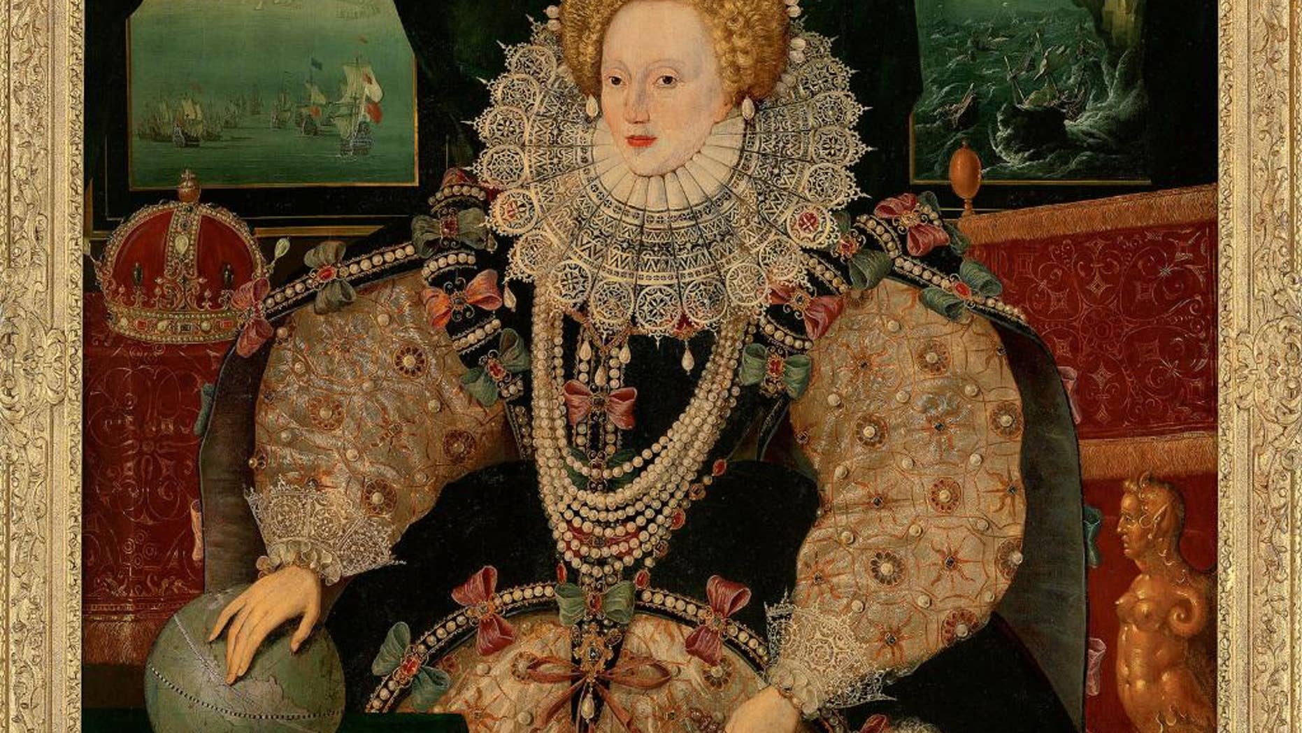 This undated handout photo released by The Art Fund shows the Armada Portrait of Britain's Queen Elizabeth I. A rare 16th century portrait of Queen Elizabeth I will become public property after a donations appeal raised 10 million pounds ($13 million) to keep it in Britain. The "Armada Portrait" commemorates England's 1588 triumph over an invading Spanish armada. Behind her, the Spanish fleet is shown wrecked in a storm. The painting - one of three copies to survive by an unknown artist - was owned by descendants of sailor Francis Drake, who decided to sell it. (The Art Fund via AP)