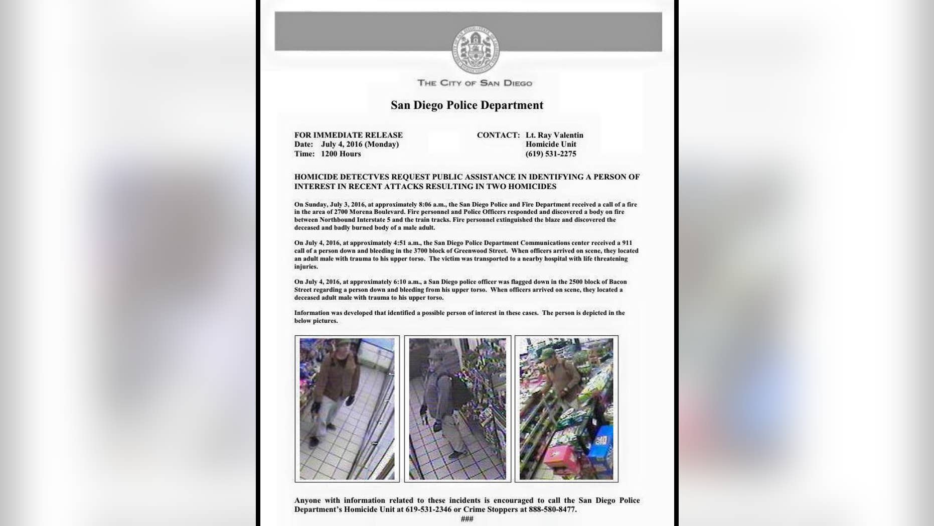 San Diego Police are searching for a man in connection with attacks on several homeless individuals.