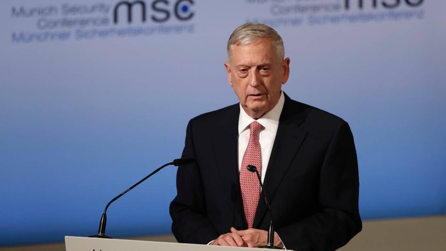 U.S. Defense Minister Jim Mattis speaks during the Munich Security Conference in Munich, southern Germany, Friday, Feb. 17, 2017. The annual weekend gathering is known for providing an open and informal platform to meet in close quarters. (AP Photo/Matthias Schrader)