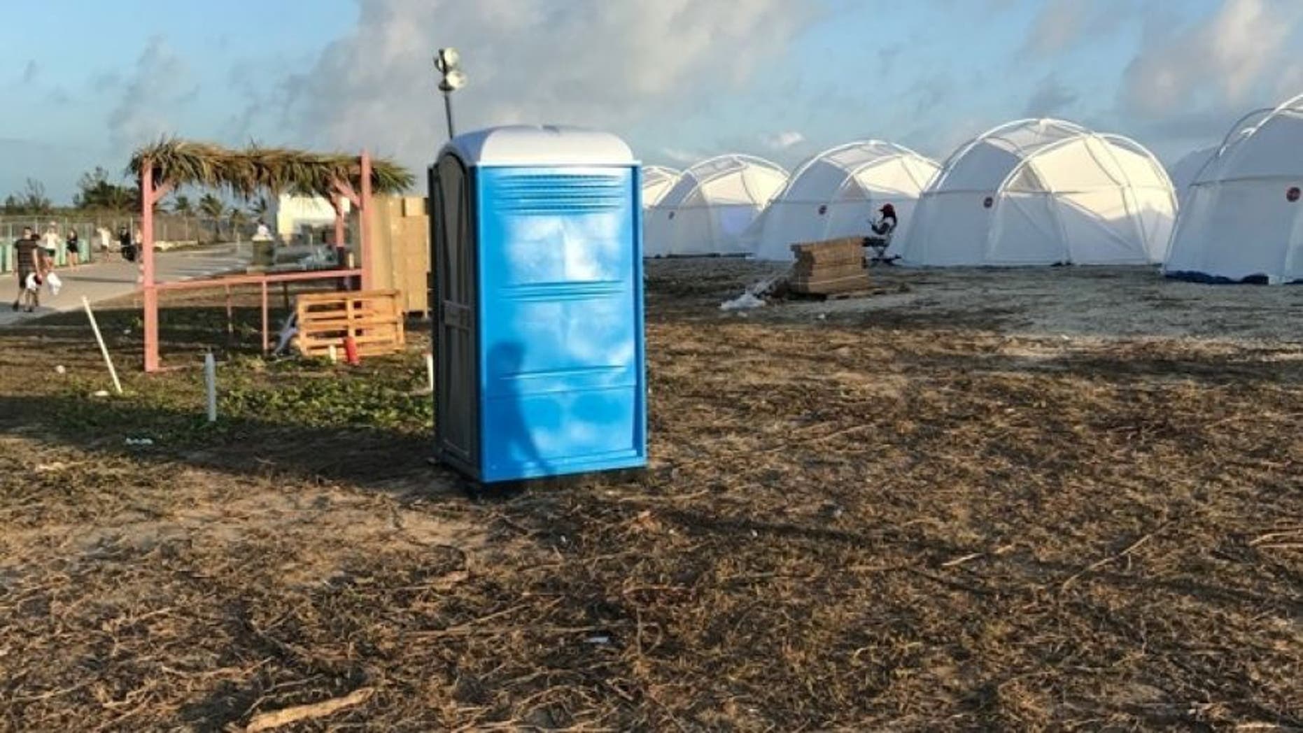 Tents and portable toilet set up for attendees for cancelled Fyre Festival in the Bahamas.