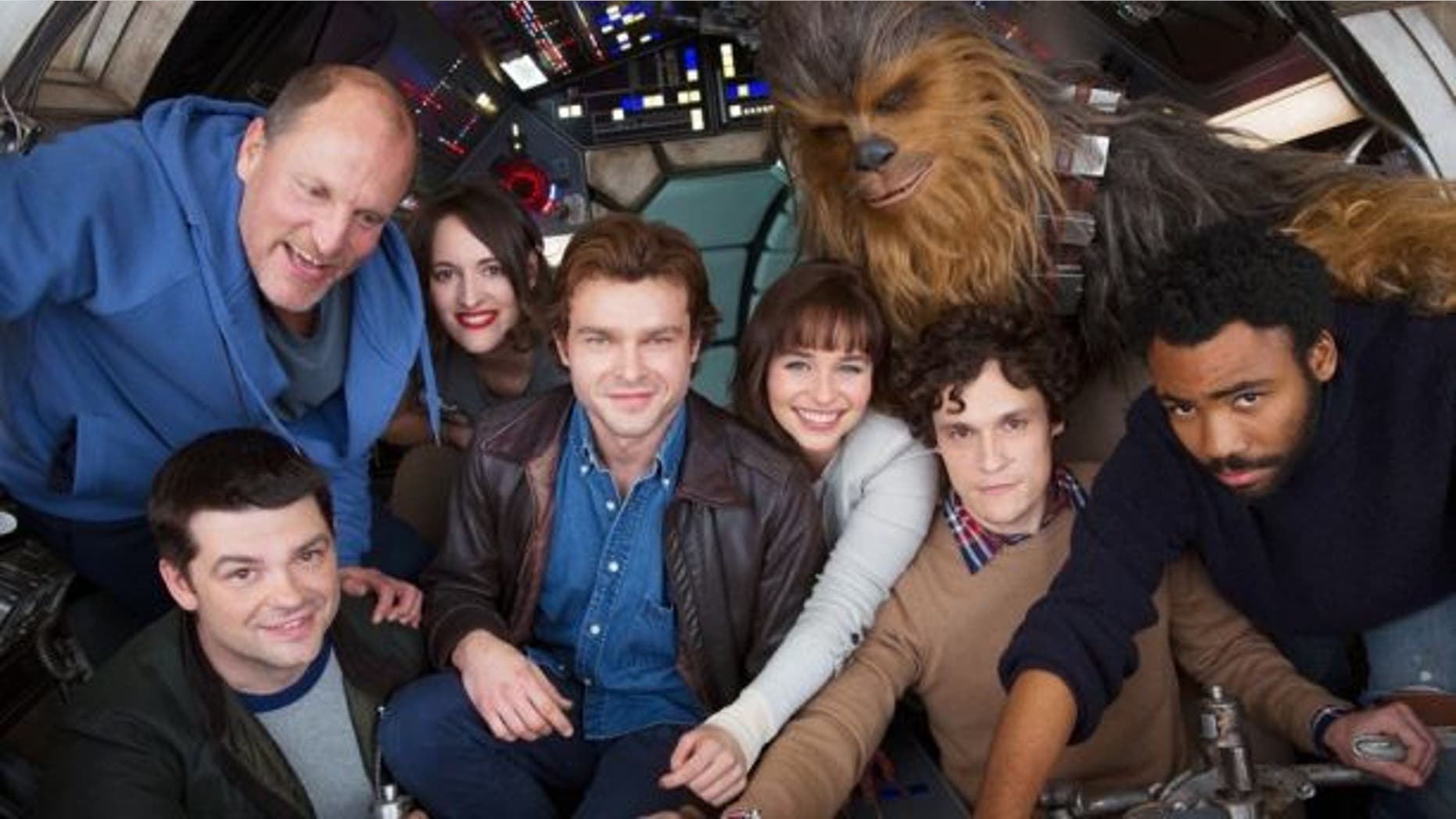 "Han Solo" cast with Alden Ehrenreich in the brown jacket.