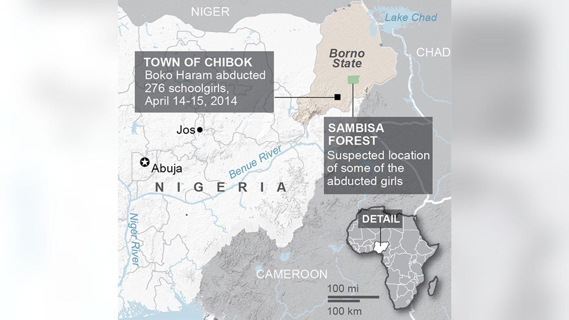 Map shows details of the 2014 abduction of 276 schoolgirls in the village of Chibok, Nigeria; 2c x 3 1/4 inches; 96.3 mm x 82 mm;