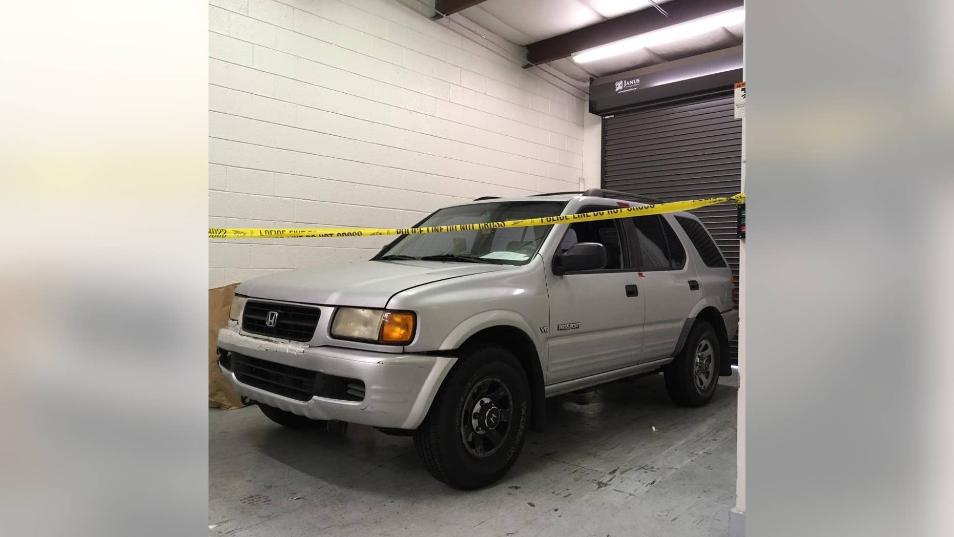 This photo provided by Roswell Police Department shows a sports utility vehicle that belongs to Jeffrey A. Hazelwood, arrested Wednesday, Aug. 3, 2016, charged with two counts of murder in the killings of Carter Davis and Natalie Henderson. Police investigating the killings of the two teenagers in Atlanta's suburbs say they want to hear from anyone who saw the sport utility vehicle and became suspicious. (Roswell Police Department via AP)