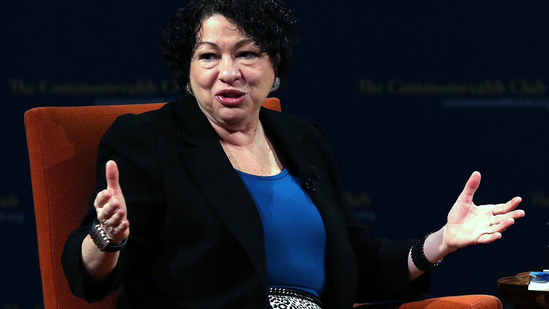 SAN FRANCISCO, CA - JANUARY 28: US Supreme Court Associate Justice Sonia Sotomayor speaks during a Commonwealth Club event at Herbst Theatre on January 28, 2013 in San Francisco, California. Sotomayor spoke in conversation with Stanford law school dean Mary Elizabeth Magill at the Commonwealth Club as she promotes her new book "My Beloved World" (Photo by Justin Sullivan/Getty Images)