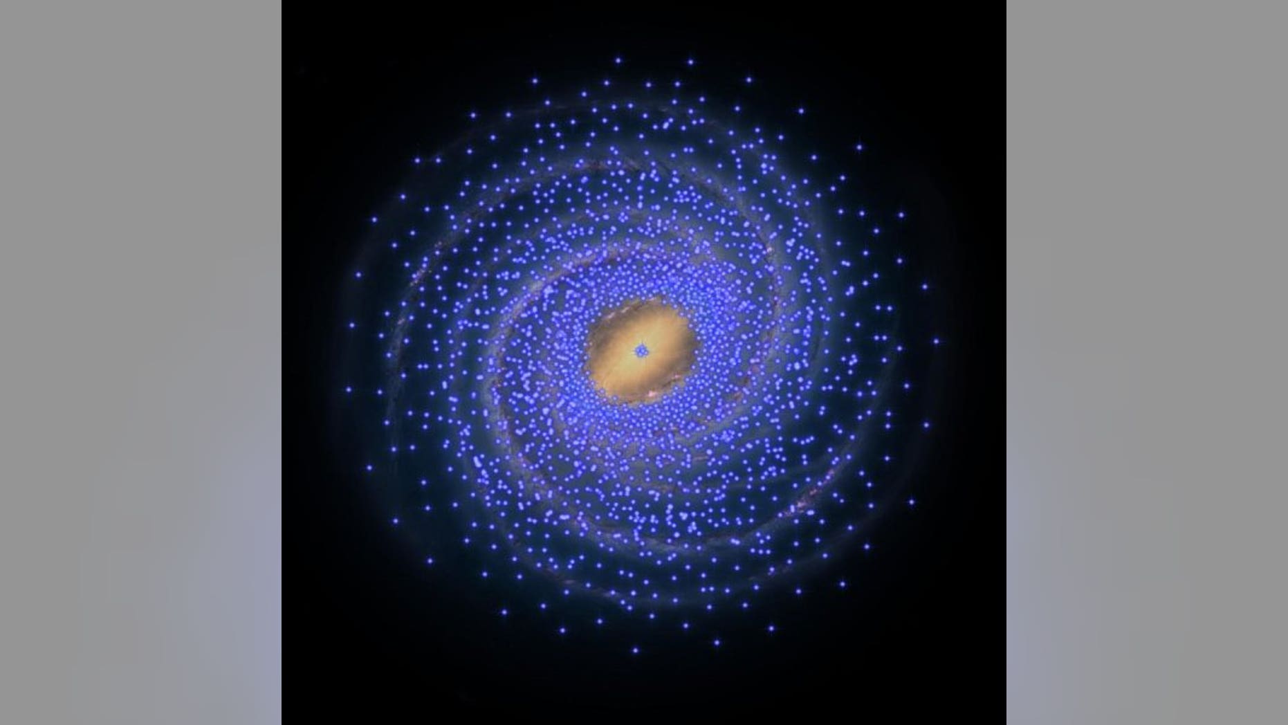 An artist's conception of the implied distribution of young stars, represented here by Cepheids shown as blue stars, plotted on the background of a drawing of the Milky Way. With the exception of a small clump in the Galactic center, the central 8,000 light years appear to have very few Cepheids, and hence very few young stars.