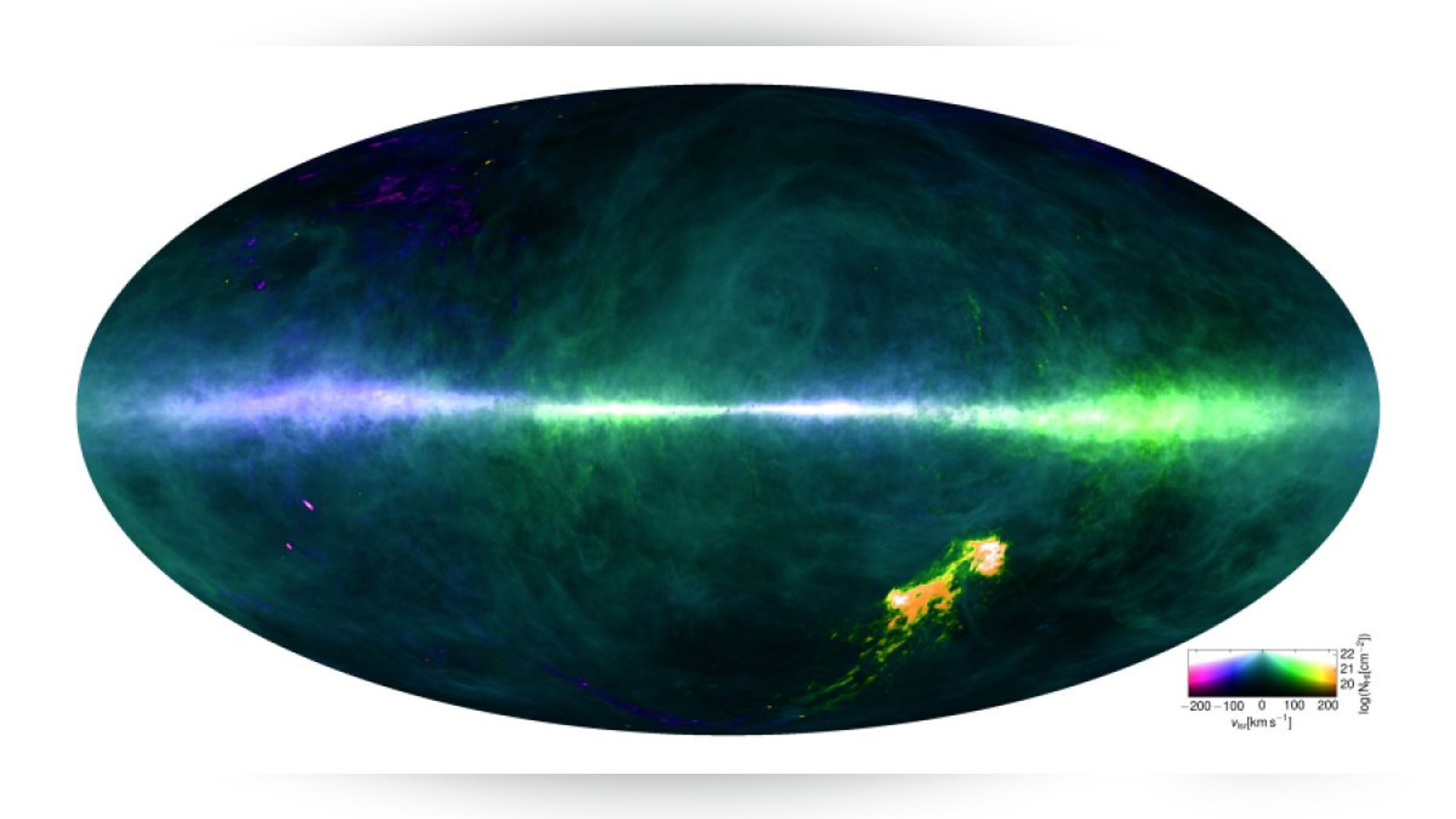This HI4PI map was produced using data from the 100-m Max-Planck radio telescope in Effelsberg, Germany and the 64-m CSIRO radio telescope in Parkes, Australia. The plane of the Milky Way runs horizontally across the middle of the image.