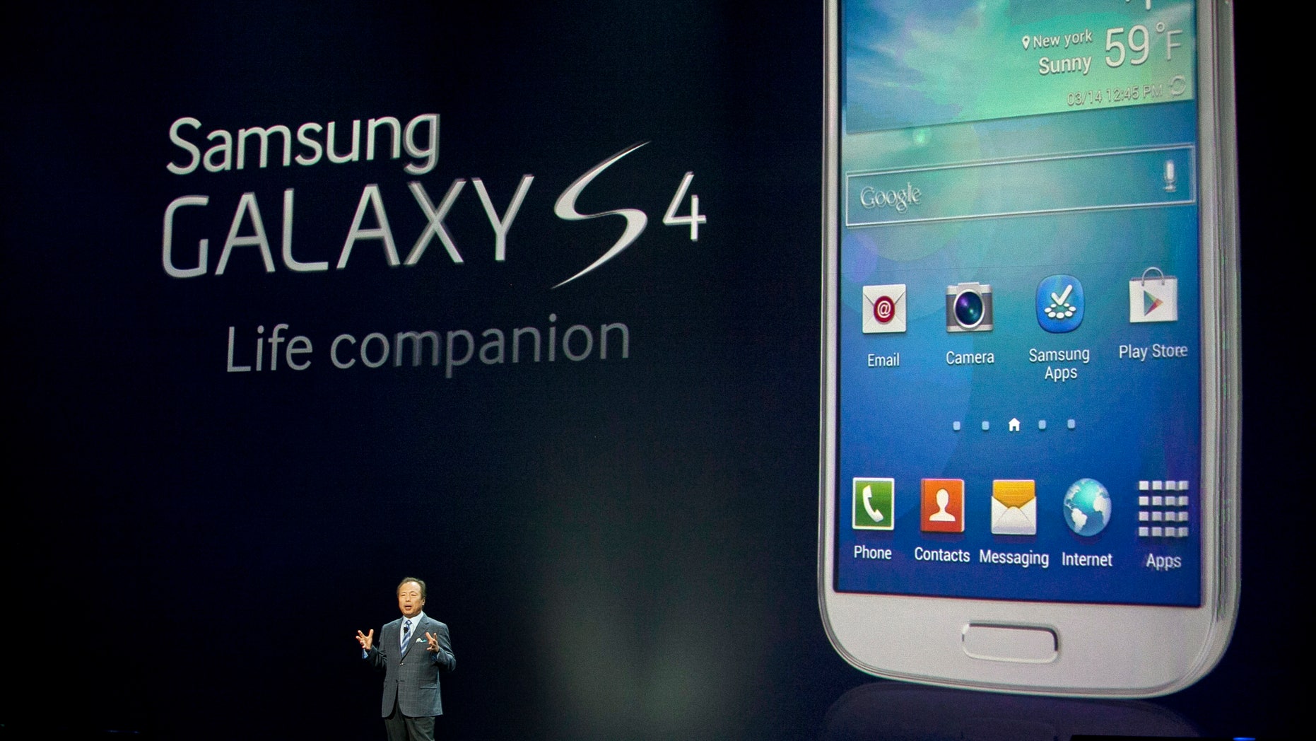 NEW YORK, NY - MARCH 14: JK Shin, President and Head of IT and mobile communication division of Samsung introduces the Samsung Galaxy S IV, March 14, 2013 in New York City. Samsung, the world's largest handset maker, revealed their successor to the Galaxy S III. The Galaxy S IV features a five-inch 1080p screen, a 1.9GHz quad-core processor, a 13-megapixel rear camera and ships with the latest Android version, Jelly Bean. (Photo by Allison Joyce/Getty Images)