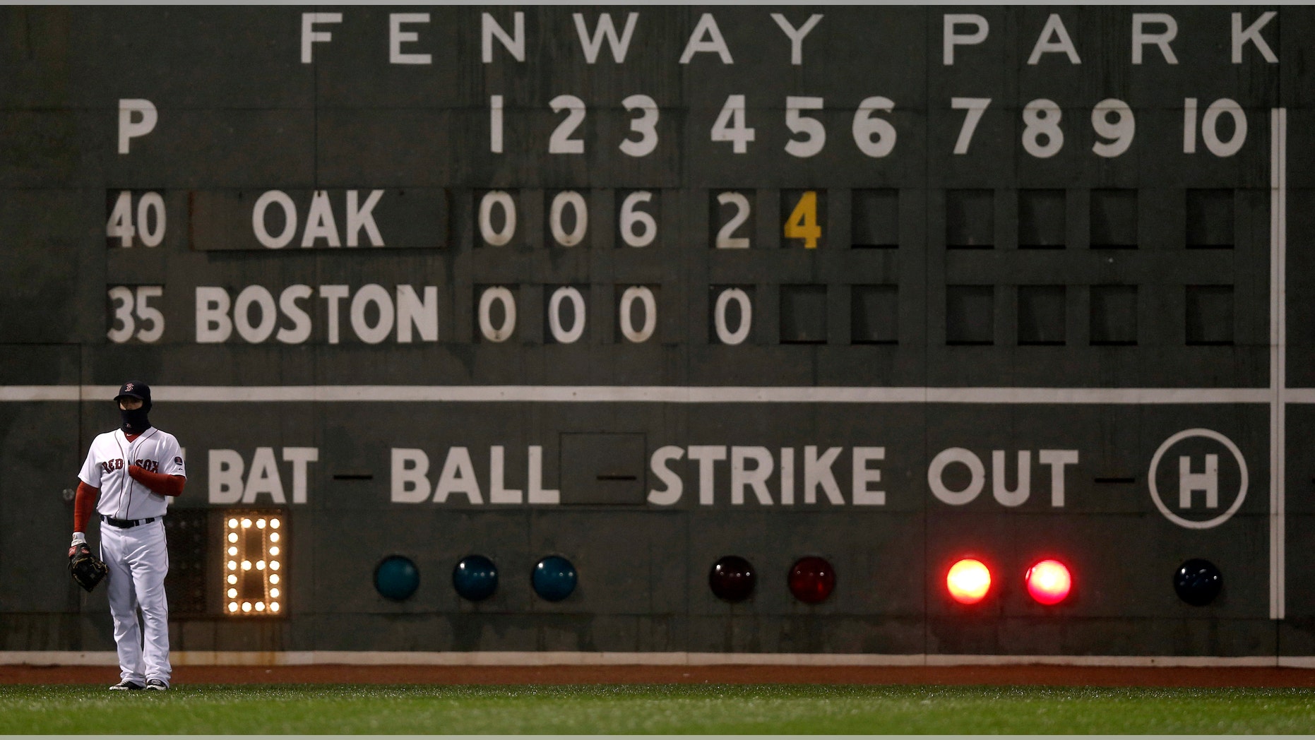 Boston Red Sox left fielder Daniel Nava stands in front of a scoreboard during the fifth inning of a baseball game against the Oakland Athletics at Fenway Park in Boston Tuesday, April 23, 2013. (AP Photo/Winslow Townson)
