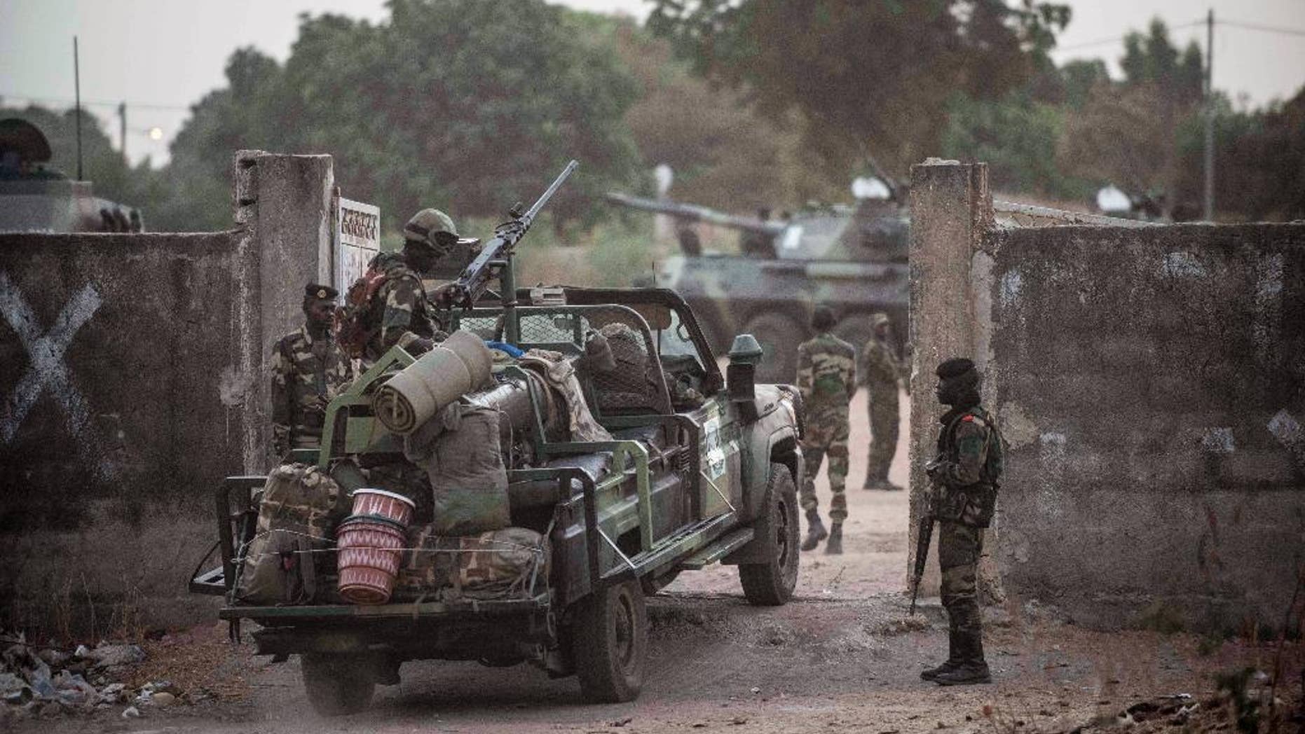 Jan. 20, 2017: Senegal soldiers providing security at their gathering point on the Gambia boarder with Senegal at the town of Karang, Senegal.