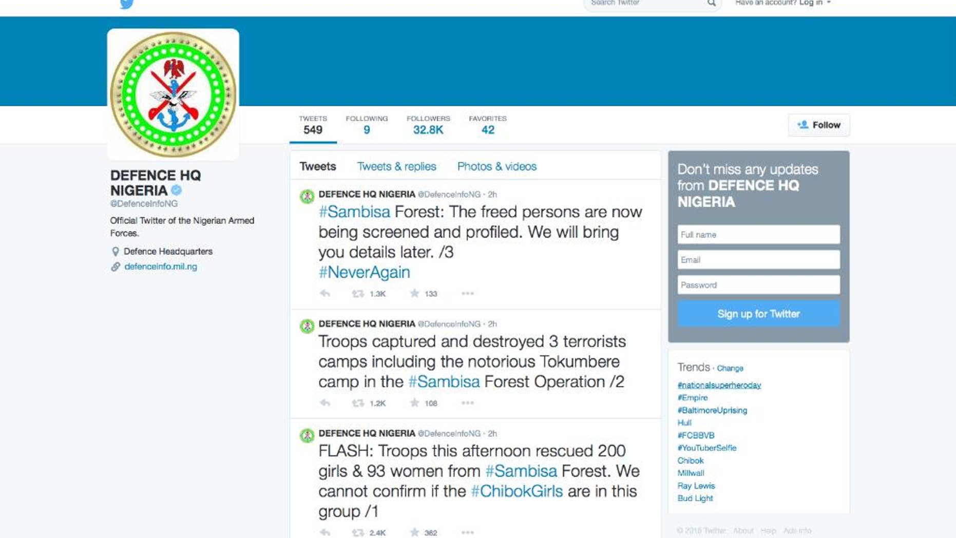 This screen shot of the official Twitter feed of the Nigerian Armed Forces shows tweets announcing the rescue of 200 girls and 93 women from the Sambisa Forest in Nigeria and the destruction of three terrorist camps during the operation, Tuesday, April 28, 2015. An Army spokesman says the rescued females are not those kidnapped from Chibok by the Islamic extremist group Boko Haram in northeastern Nigeria in April 2014. (AP Photo)