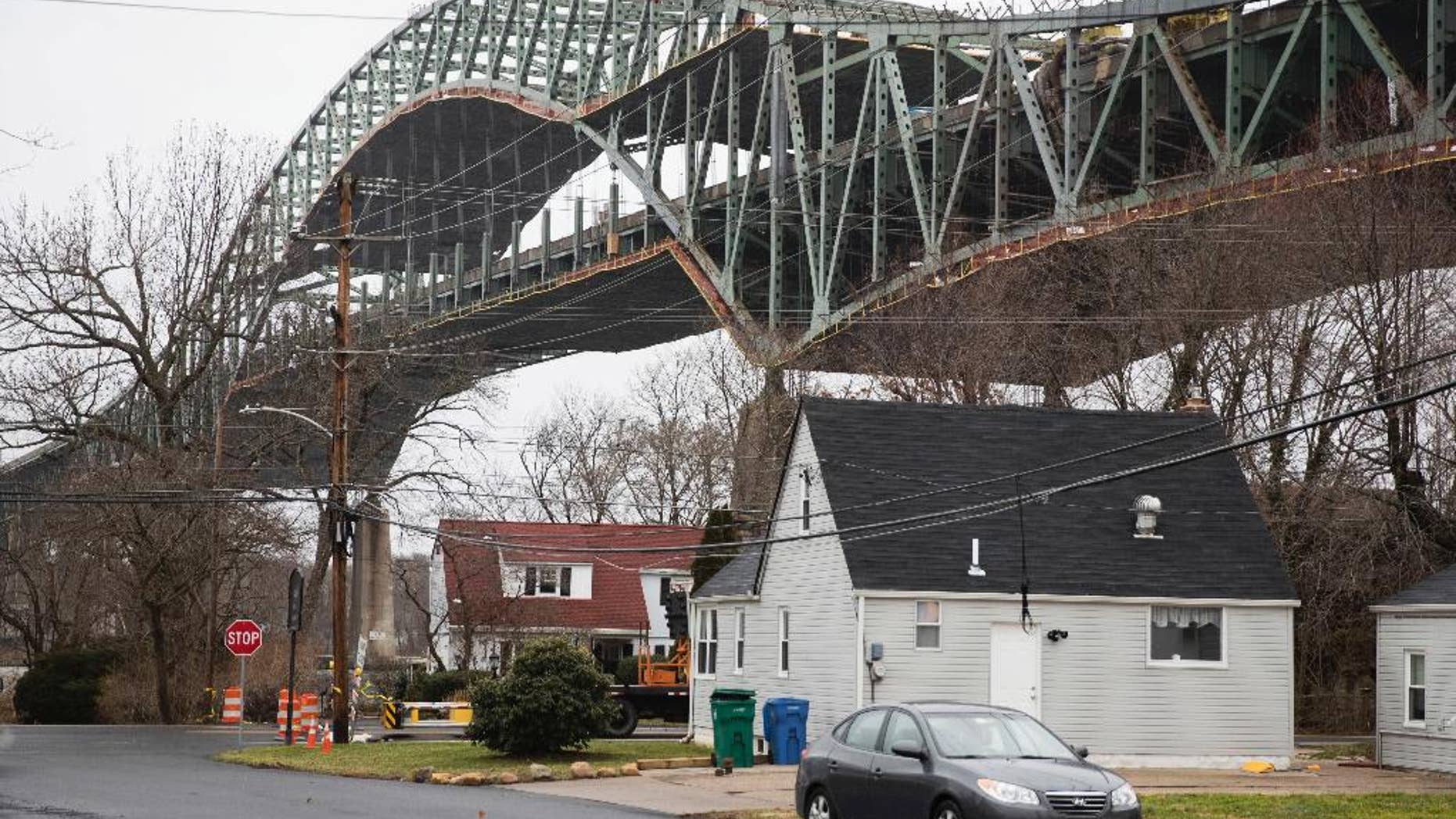 FILE - This Jan. 23, 2017 file photo shows the Delaware River Bridge in Bristol, Pa. Engineers say work to repair a major bridge that links Pennsylvania and New Jersey remains on track for it to reopen in about a month. Officials with the Pennsylvania Turnpike Commission said Friday, March 3, 2017 good weather has helped speed work on the Interstate 276 bridge over the Delaware River. (AP Photo/Matt Rourke, File)