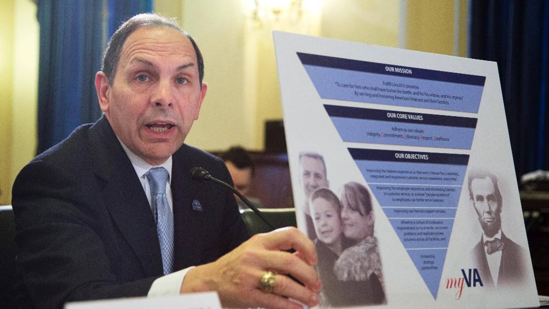 Veterans Affairs Secretary Robert McDonald holds a chart as he testifies on Capitol Hill in Washington, Wednesday, Feb. 11, 2015, before the House Veterans' Affairs Committee hearing on the Veterans Affairs budget. (AP Photo/Manuel Balce Ceneta)