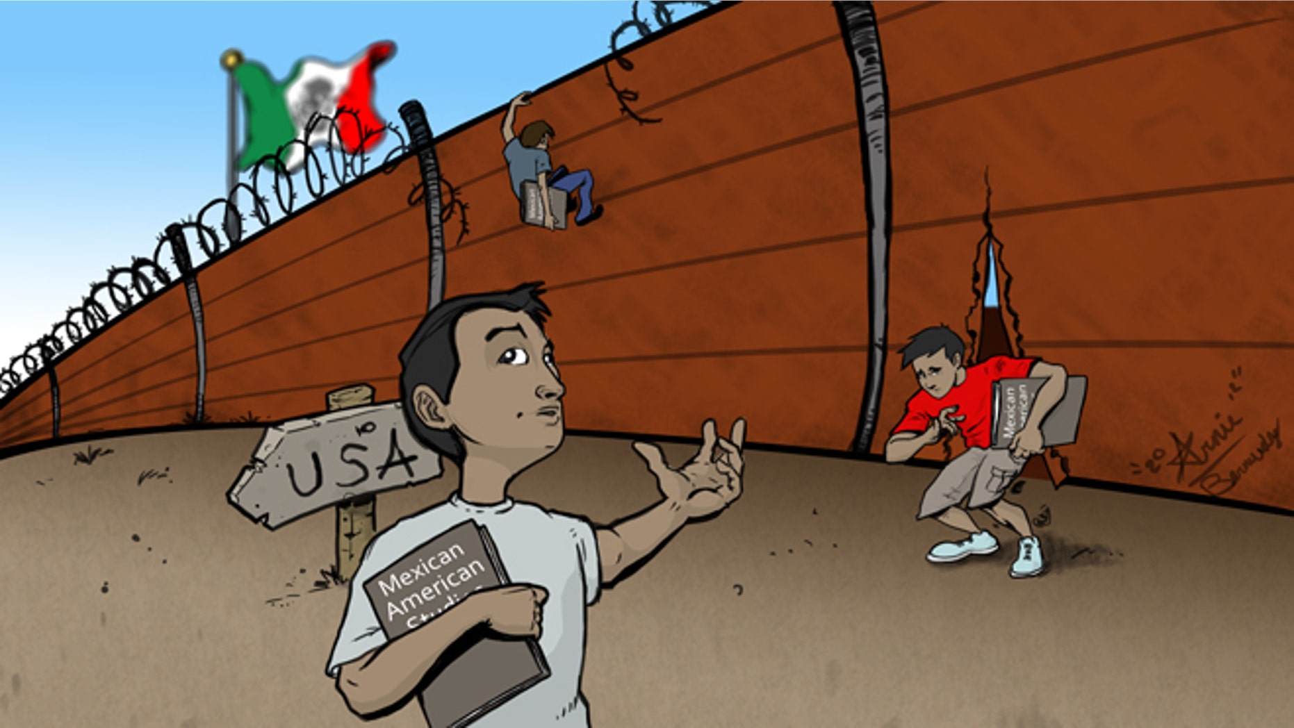 This is an illustration comparing crossing the border to the plight of Mexican American studies supporters who want to get the books and curriculum back into the TUSD.