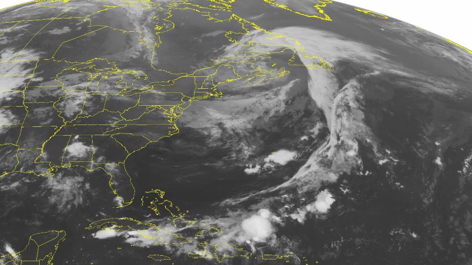 This NOAA satellite image taken Tuesday, June 14, 2016 at 12:45 a.m. EDT shows a strong storm system in Southeastern Canada. Its associated trough is creating some high thin clouds over Northern New England. The rest of region is experiencing isolated thunderstorms. (NOAA/Weather Underground via AP)