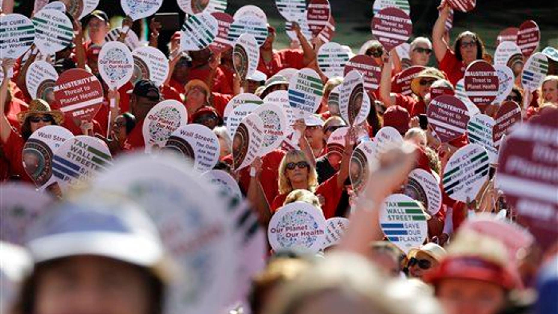 Nurses protest along Las Vegas Boulevard on Sept. 24, 2014, in Las Vegas.
