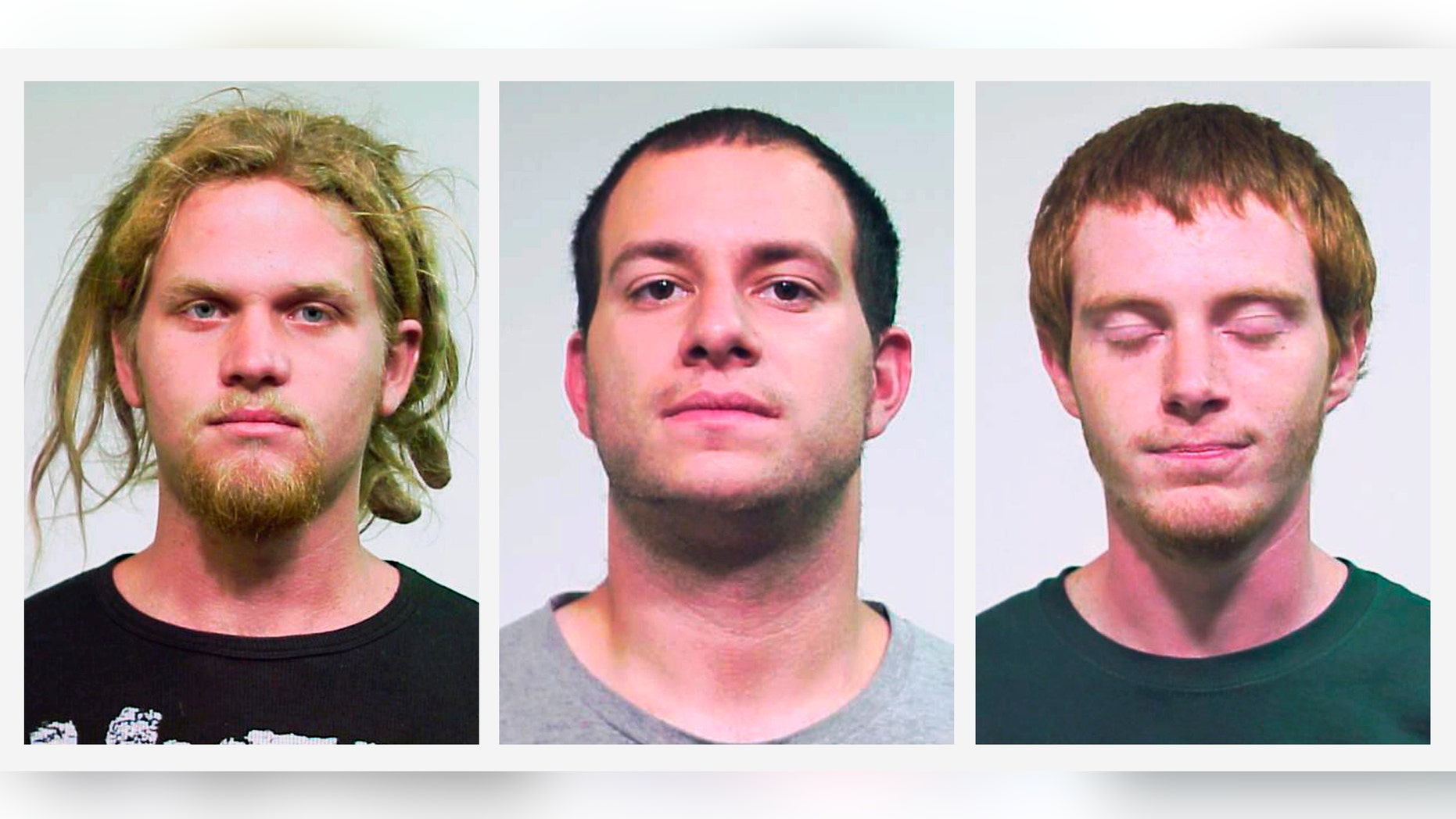 FILE - This combo made of undated file photos provided by the Chicago Police Department shows from left, Brent Vincent Betterly, of Oakland Park, Fla., Jared Chase, of Keene, N.H., and Brian Church, of Ft. Lauderdale, Fla. On Thursday, Feb. 6, 2014, closing are scheduled at Cook County Circuit Court in Chicago for the three men who are charged under Illinois terrorism statutes with plotting Molotov cocktail attacks during the 2012 NATO summit in Chicago. (AP Photo/Chicago Police Department, File)