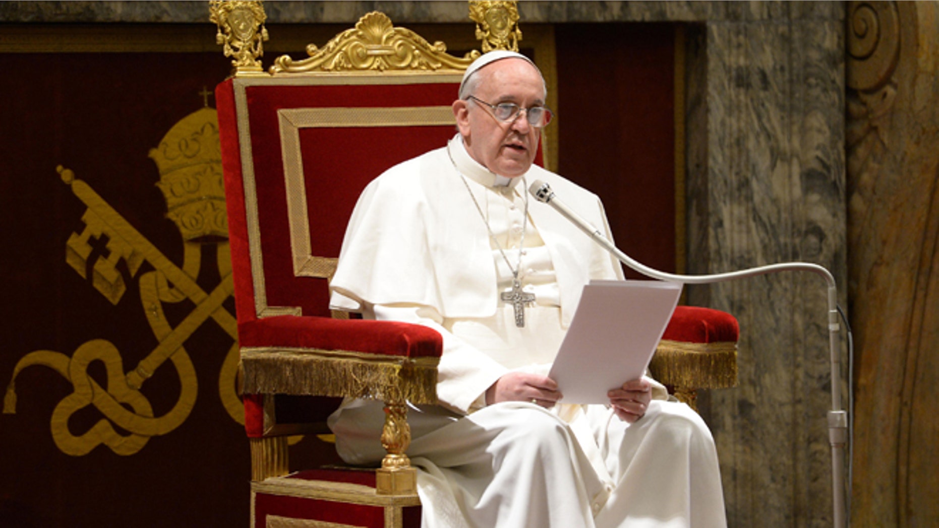 VATICAN CITY, VATICAN - MARCH 15: (EDITORIAL USE ONLY - STRICTLY NO COMMERCIAL OR MERCHANDISING USAGE - BOOKS OUT, BROADCAST OUT, All image rights and copyrights reserved to the photographic Service of L'Osservatore Romano). IMAGE IS NOT LICENSED FOR USAGE BEYOND 60 DAYS OF CREATE DATE. Pope Francis meets with the full College of Cardinals, electors and non-electors in the Clementine Hall of the Apostolic Palace, on March 15, 2013 in Vatican City, Vatican. The inauguration mass of Pope Francis, the first ever Latin American Pontiff, will be held on March 19, 2013 in Vatican City. The Pope met with cardinals earlier on his second day as Pontif. (Photo by Servizio Fotografico L'Osservatore Romano via Getty Images)