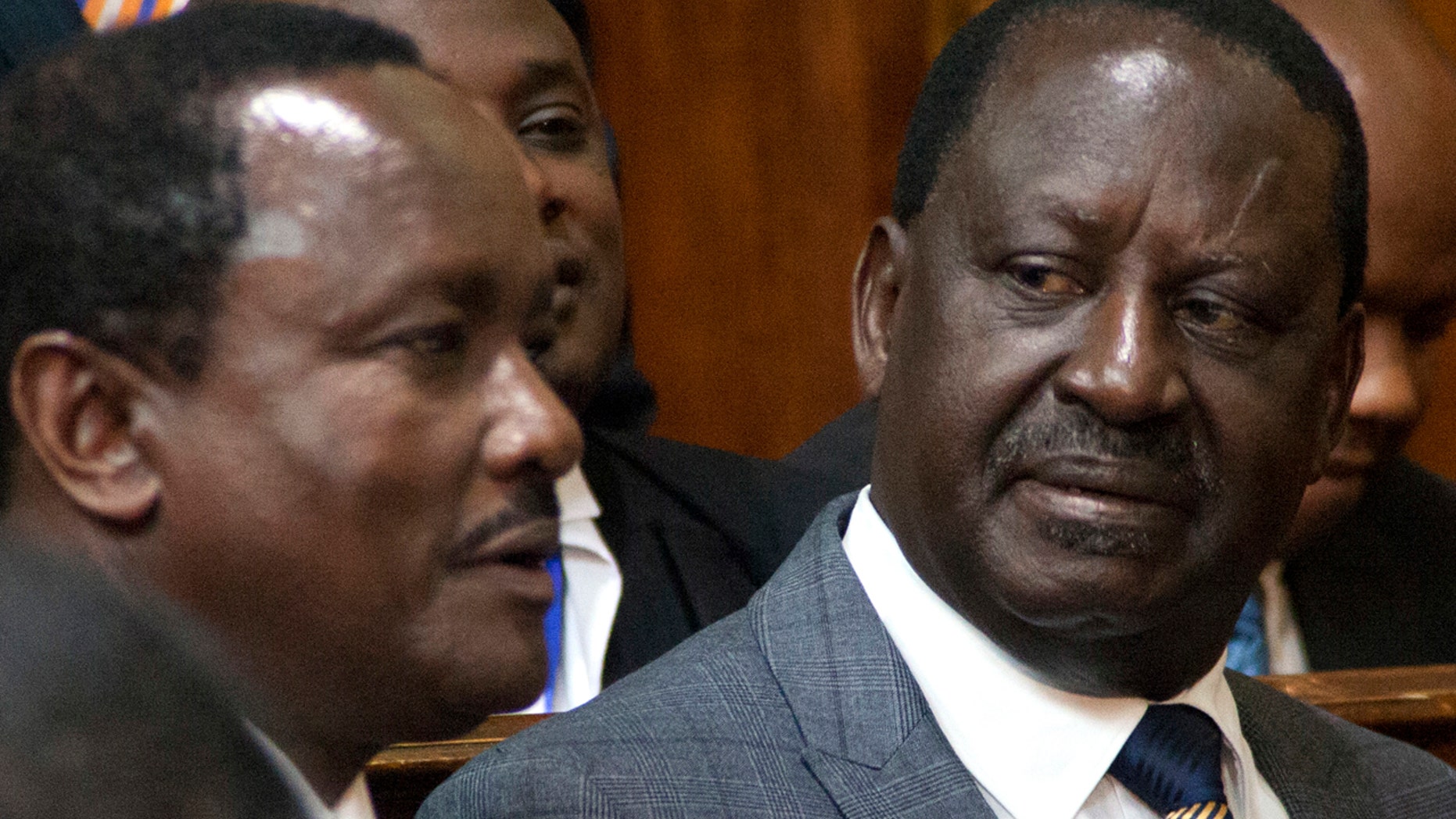 Opposition presidential candidate Raila Odinga, right, and his running mate, Kalonzo Musyoka sit, at the Kenya Supreme Court, in Nairobi, Friday, Sept. 1, 2017.