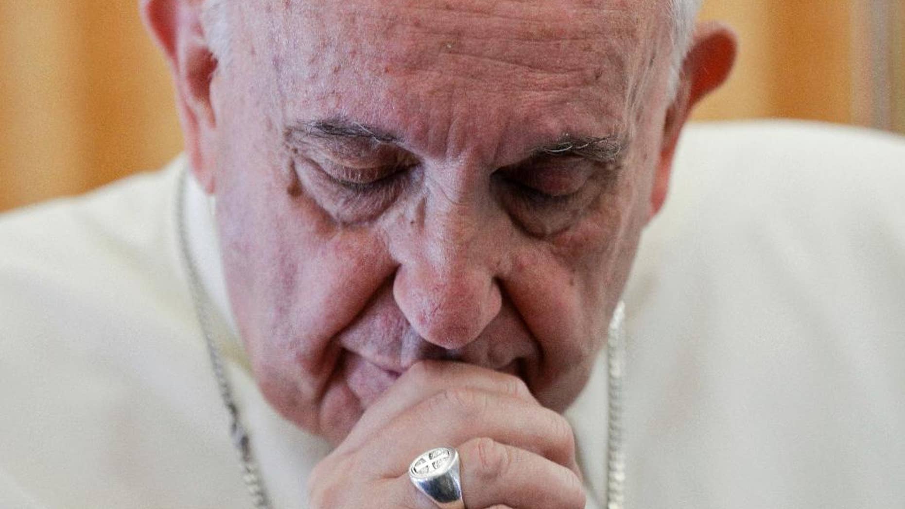 Pope Francis talks to journalists during a press conference he held on his return flight from Cairo to Rome, Saturday, April 29, 2017. Pope Francis traveled to Egypt on Friday for a historic visit to the Arab and Muslim majority nation aimed at presenting a united Christian-Muslim front to repudiate violence committed in God's name. (AP Photo/Gregorio Borgia)