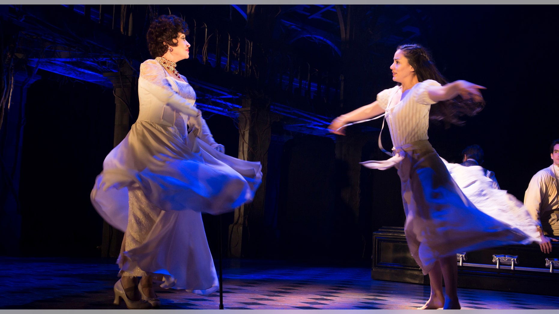 In this undated photo provided by The O & M Company, Chita Rivera, as Claire Zachanassian, left, and Michelle Veintimilla, as young Claire, perform in the Tony Award-nominated musical "The Visit," in New York. (Thom Kaine/The O & M Company via AP)