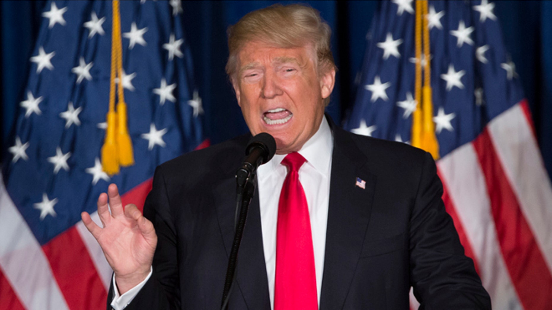 Republican presidential candidate Donald Trump gives a foreign policy speech at the Mayflower Hotel in Washington, Wednesday, April 27, 2016. Trump's highly anticipated foreign policy speech Wednesday will test whether the Republican presidential front-runner, known for his raucous rallies and eyebrow-raising statements, can present a more presidential persona as he works to unite the GOP establishment behind him. (AP Photo/Evan Vucci)