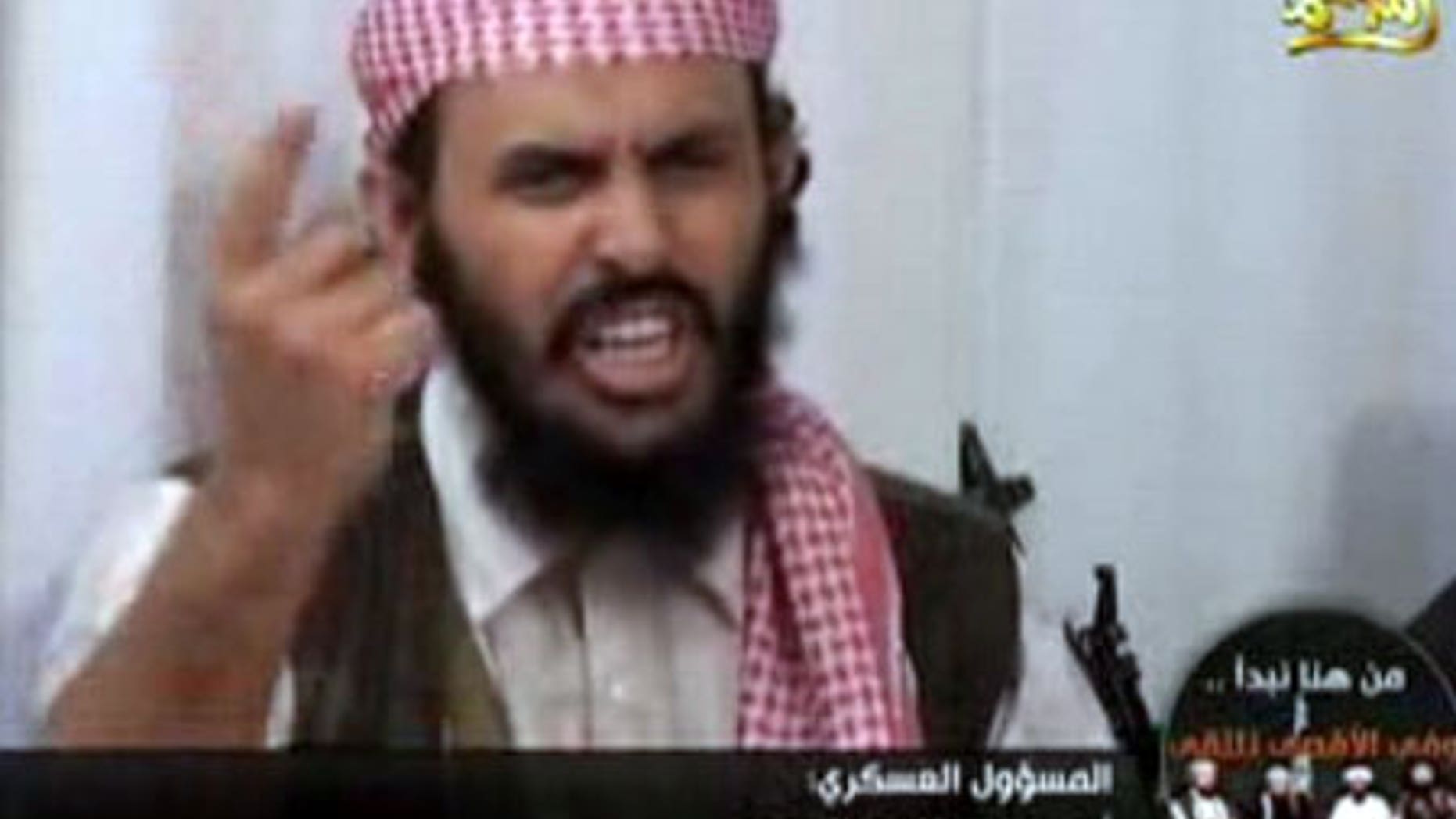 Qassim al-Raimi, military chief of Al Qaeda in the Arabian Peninsula, speaks in a video posted on Islamist Web sites. Al-Raimi was reportedly killed in an airstrike in Yemen Friday.