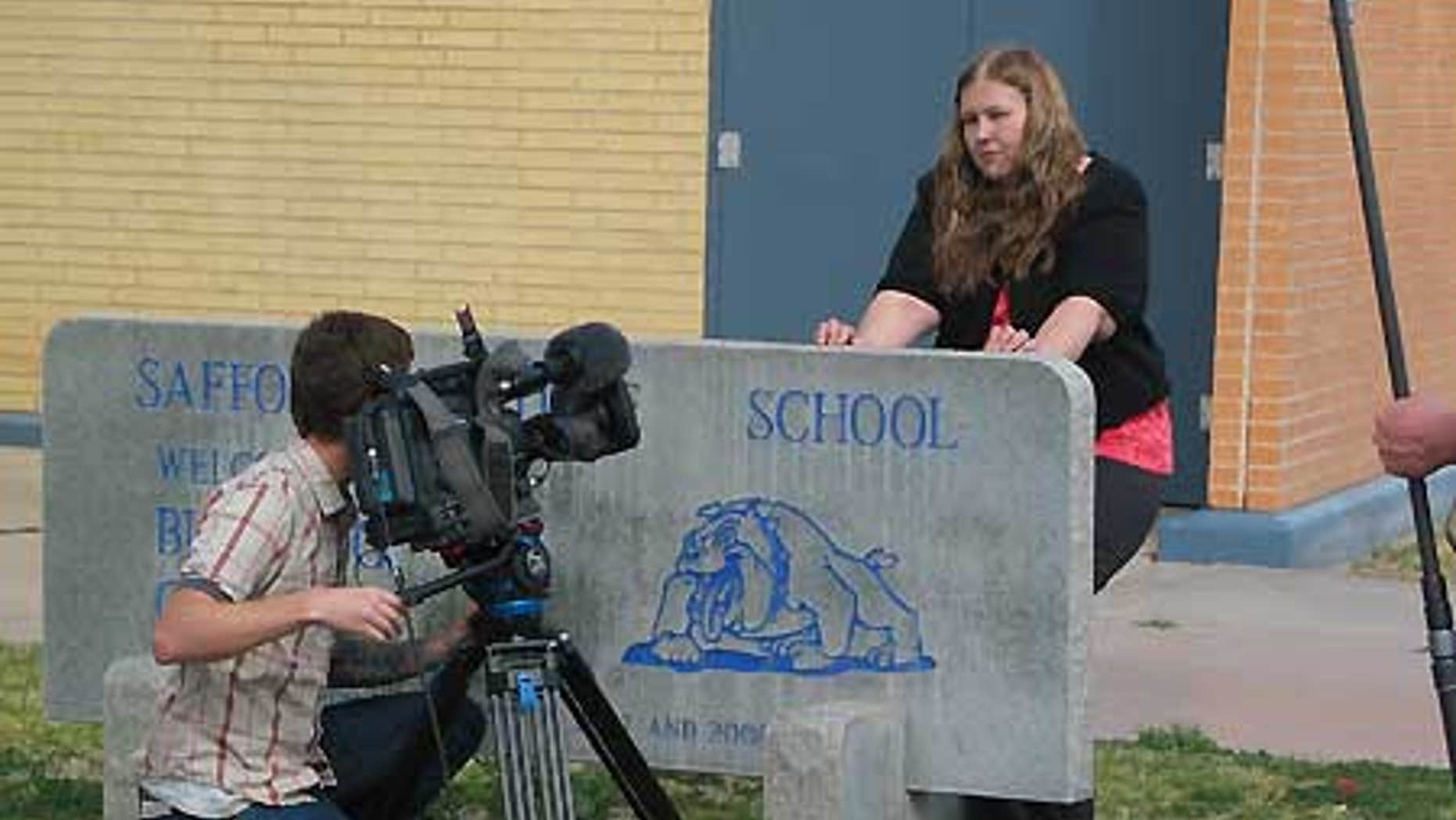 Savanna Redding talks to the media in Safford, Ariz., in this March 2009 photo provided by the ACLU.