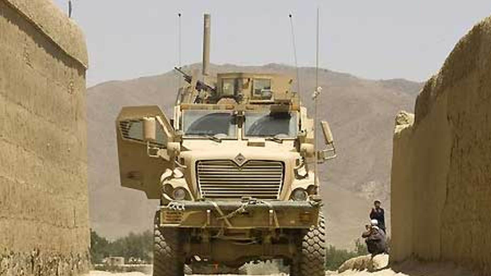 July 22: U.S. army Mine Resistant Ambush Protect armored vehicle parks in Logar Province, Afghanistan.