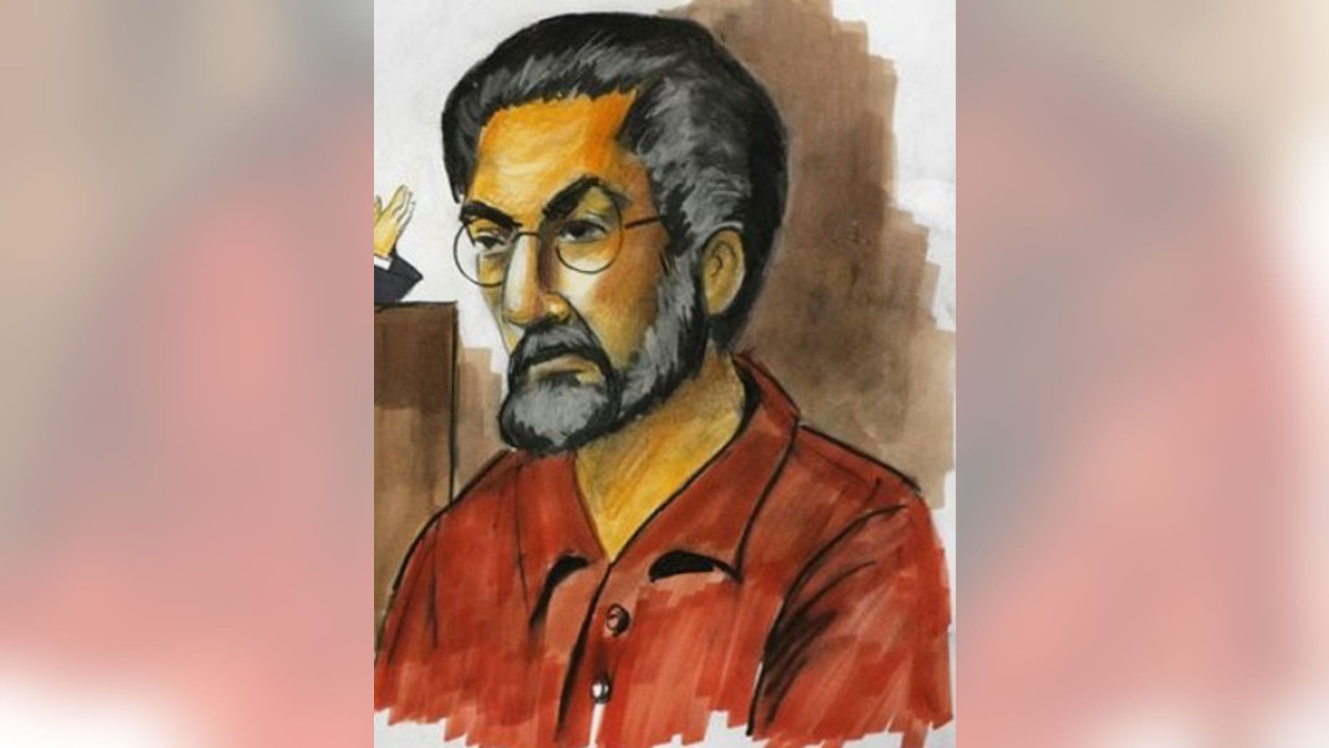 A courtroom sketch of Tahawwur Hussain Rana, charged with plotting a terrorist attack on a Danish newspaper.