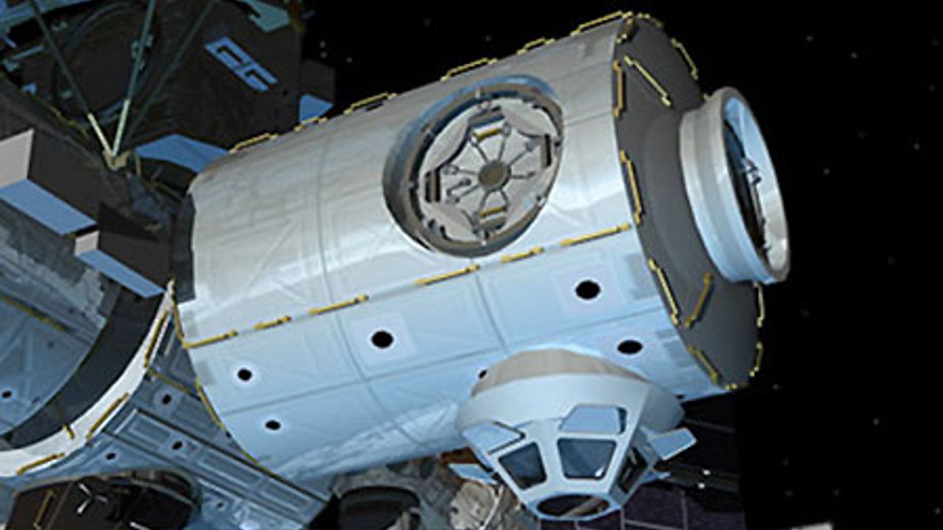 An artist's conception of the installed Node 3 module on the International Space Station.