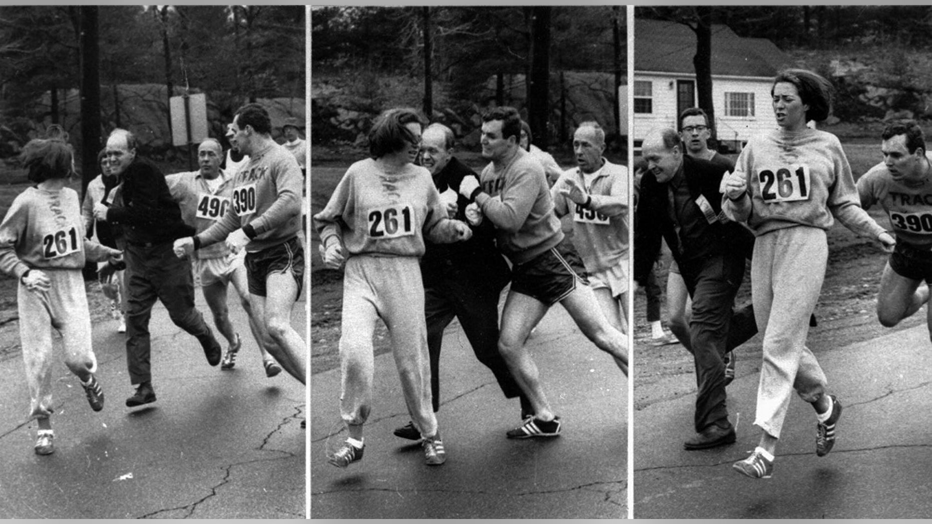 A series of photos shows the moment the official tried to throw Switzer out of the race.