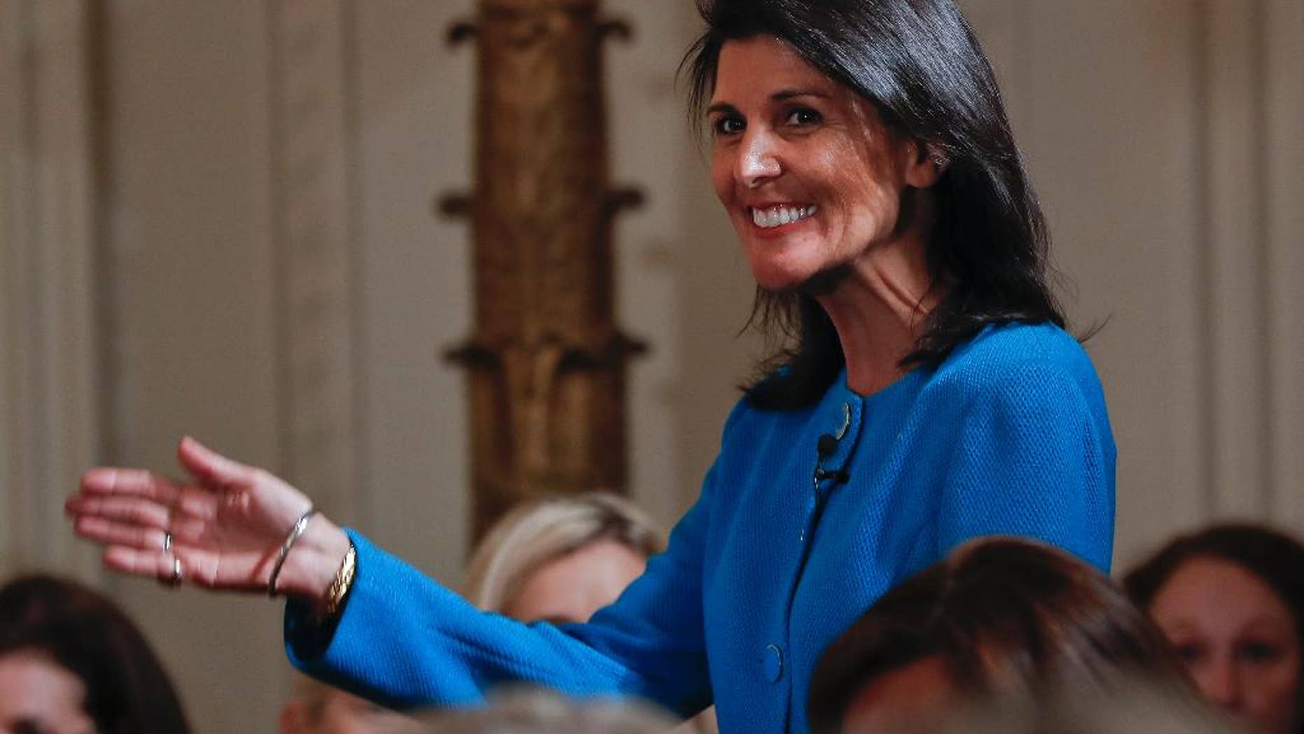 U.S. Ambassador to the UN Nikki Haley is introduced at the Women's Empowerment Panel, Wednesday, March 29, 2017, at the White House in Washington. (AP Photo/Pablo Martinez Monsivais)