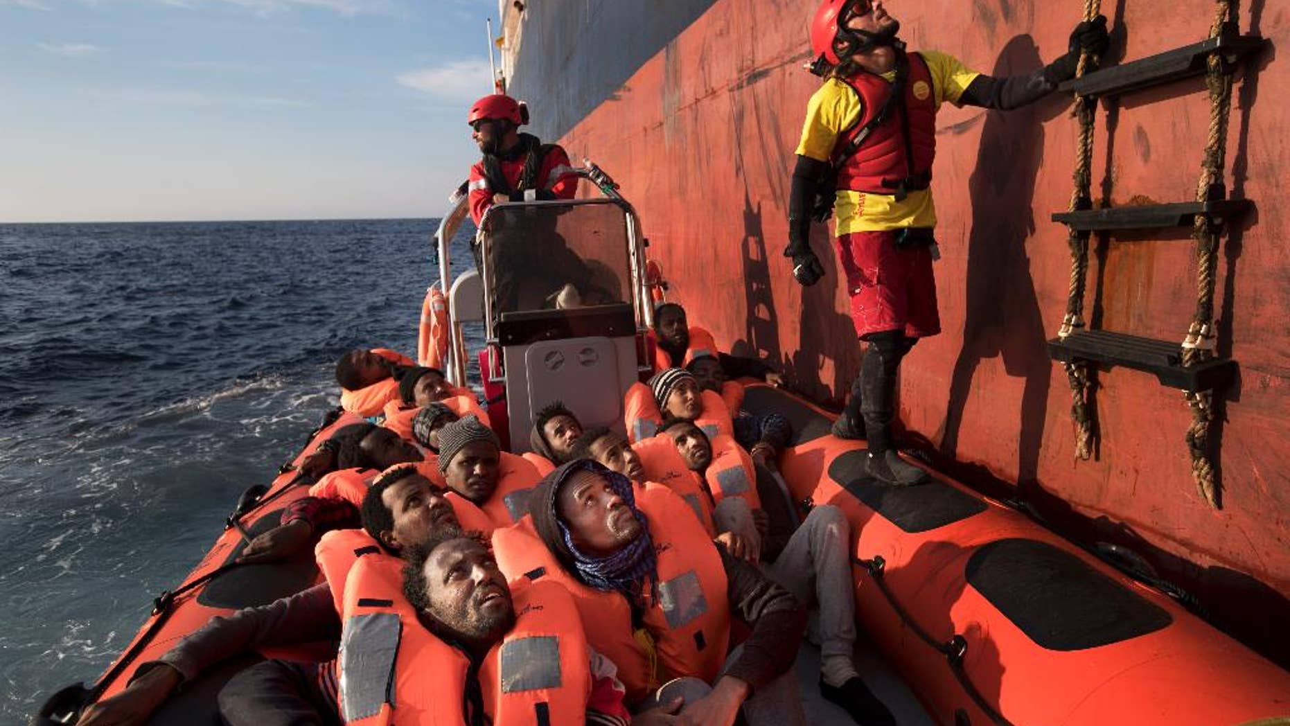Eritrean migrants are rescued in the Mediterranean sea, about 56 miles north of Sabratha, Libya, April 6, 2017.