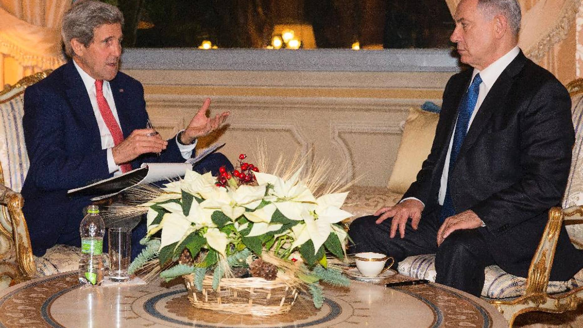 US Secretary of State, John Kerry, meets with Israel Prime Minister Benjamin Netanyahu at Villa Taverna, Rome, on Monday, Dec. 15, 2014. Kerry and Netanyahu met as the U.S. and Israel developed their responses to a draft U.N. resolution that would set a two-year timetable for an Israeli-Palestinian peace accord. (AP Photo/Evan Vucci, Pool)