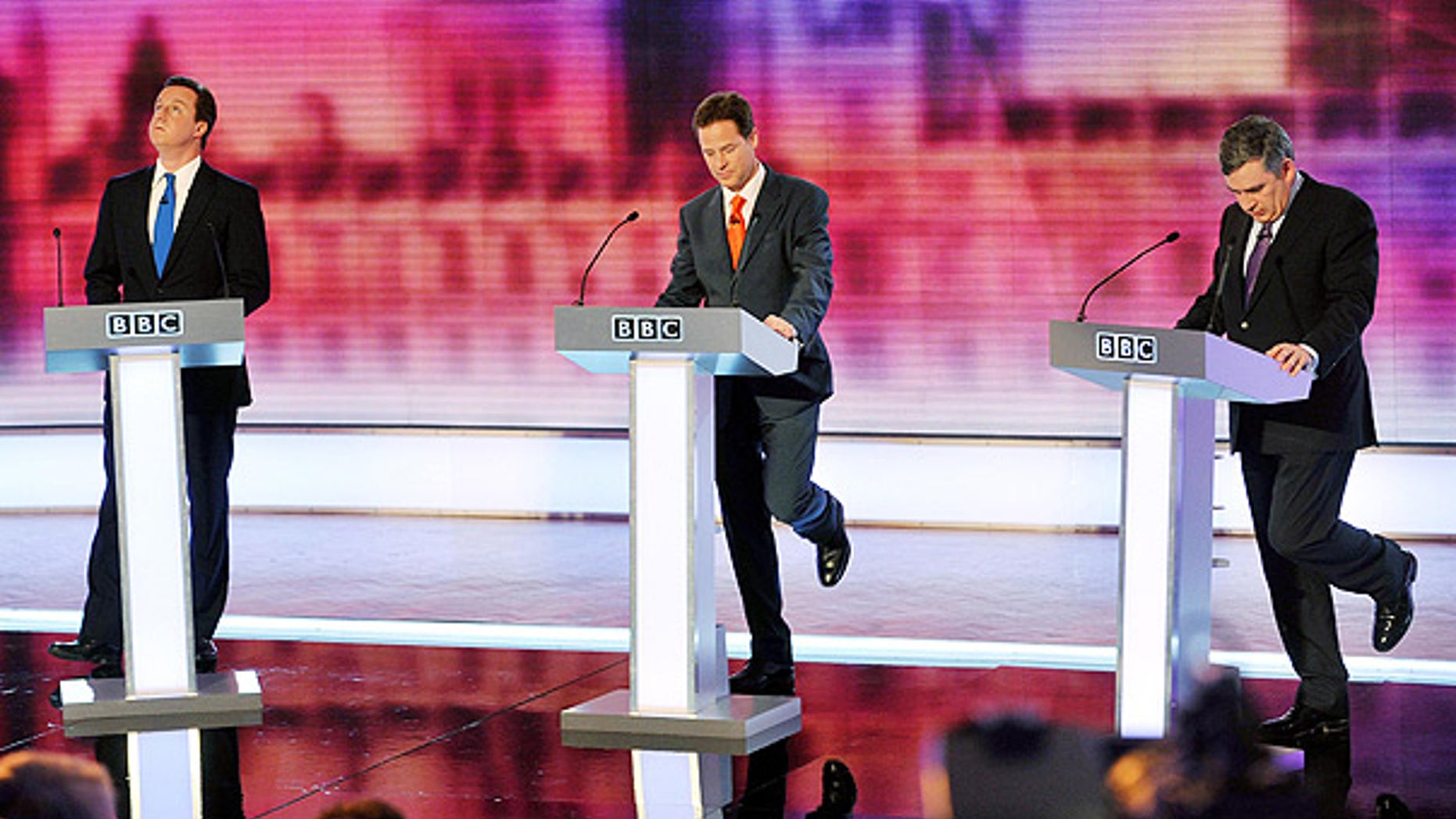 April 29: Labour's Prime Minister Gordon Brown, right, Conservative Party leader David Cameron, left, and Liberal Democrat Party leader Nick Clegg, take part in Britain's third televised election debate in Birmingham.