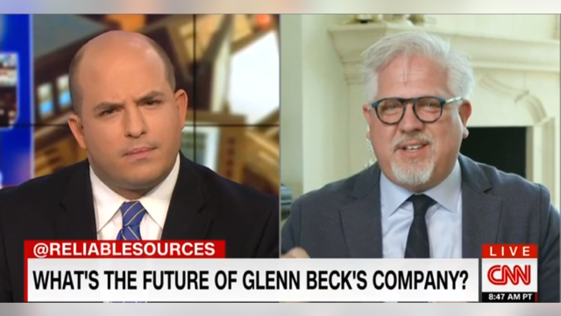 Glenn Beck walked out of an interview with CNN's Brian Stelter Sunday morning after he was questioned about the future of his conservative media company, TheBlaze.