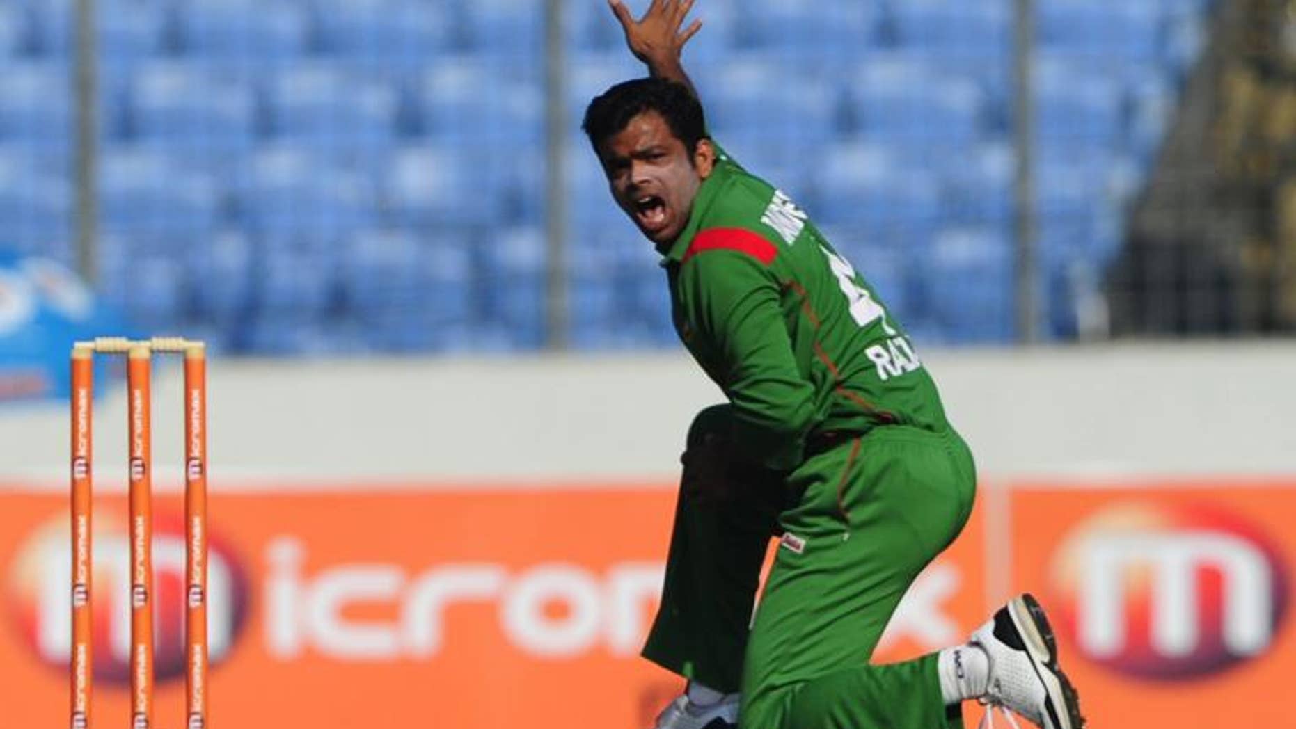 Bangladeshi spinner Abdur Razzak appeals for a leg before wicket (LBW) decision during a match against Zimbabwe in Dhaka on December 3, 2010