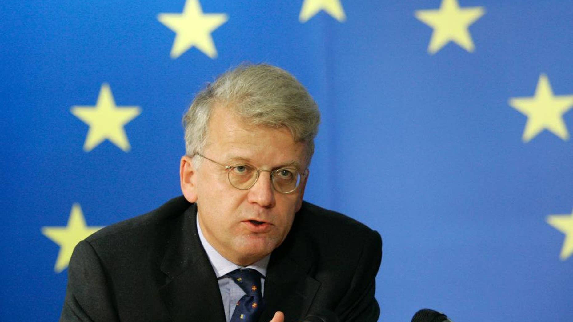 FILE - In this Friday, Oct. 24, 2008 file photo, ambassador Hansjoerg Haber, the then Head of the European Union Monitoring Mission in Georgia, addresses the media at the EU council headquarters in Brussels. The European Union’s top envoy to Turkey has resigned, his office said Tuesday June 14, 2016, less than a year into the job. The EU delegation in Ankara confirmed that Ambassador Hansjoerg Haber was leaving his post, without giving any reason. (AP Photo/Yves Logghe, File)