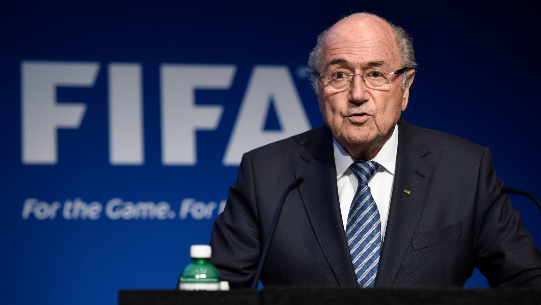 FIFA President Sepp Blatter speaks during a press conference at the FIFA headquarters in Zurich, Switzerland, Tuesday, June 2, 2015. FIFA President Sepp Blatter says he will resign from his position amid corruption scandal. (Ennio Leanza/Keystone via AP)